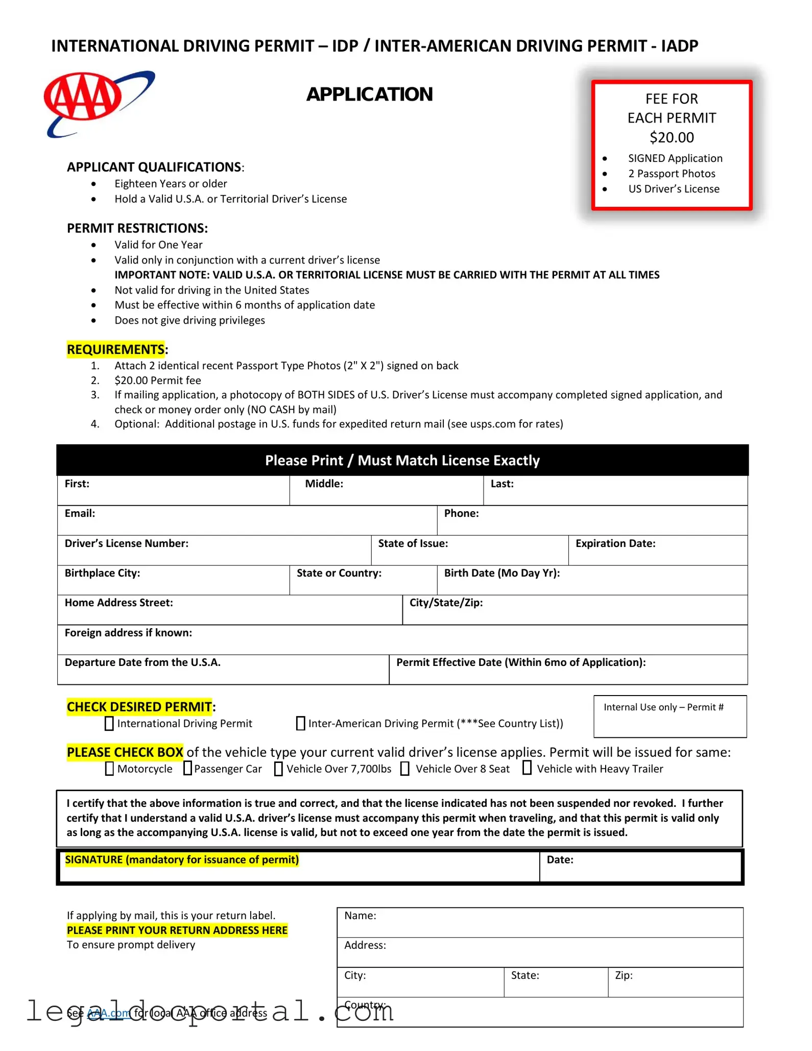 Printable Aaa International Driving Permit Application Form