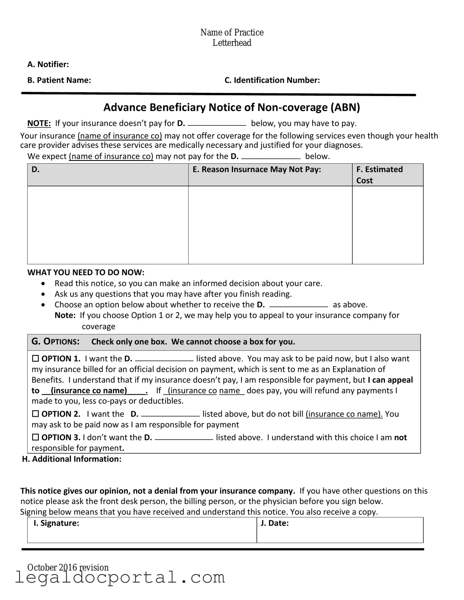 Printable Advance Beneficiary Notice of Non-coverage Form