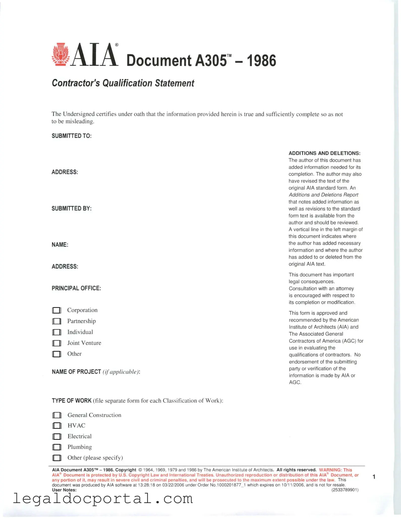 Printable AIA A305 Form
