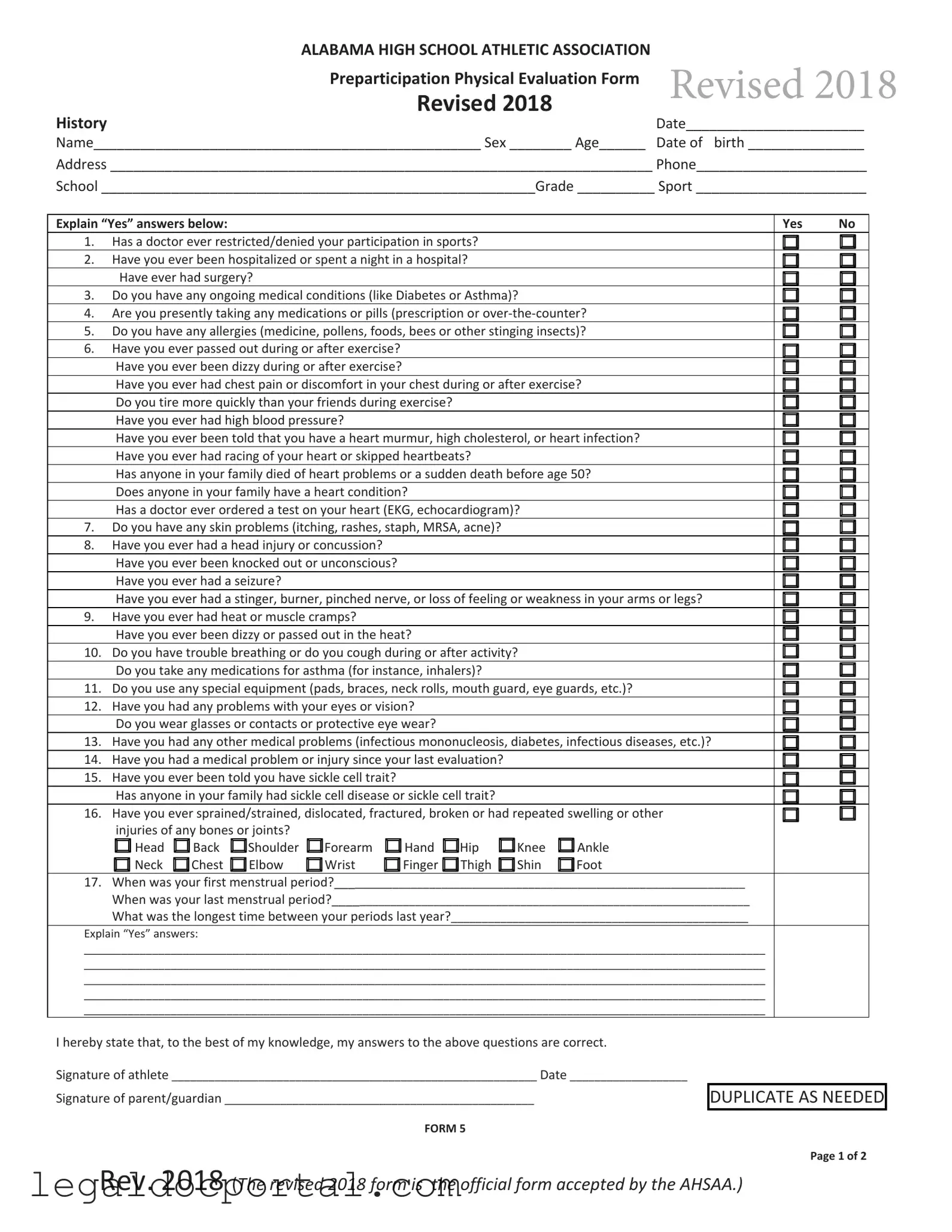 Printable Alabama High School Physical Form