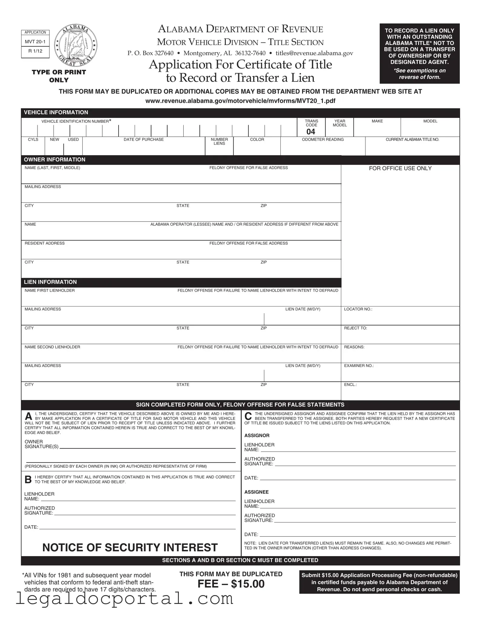 Printable Alabama Mvt 20 1 Form