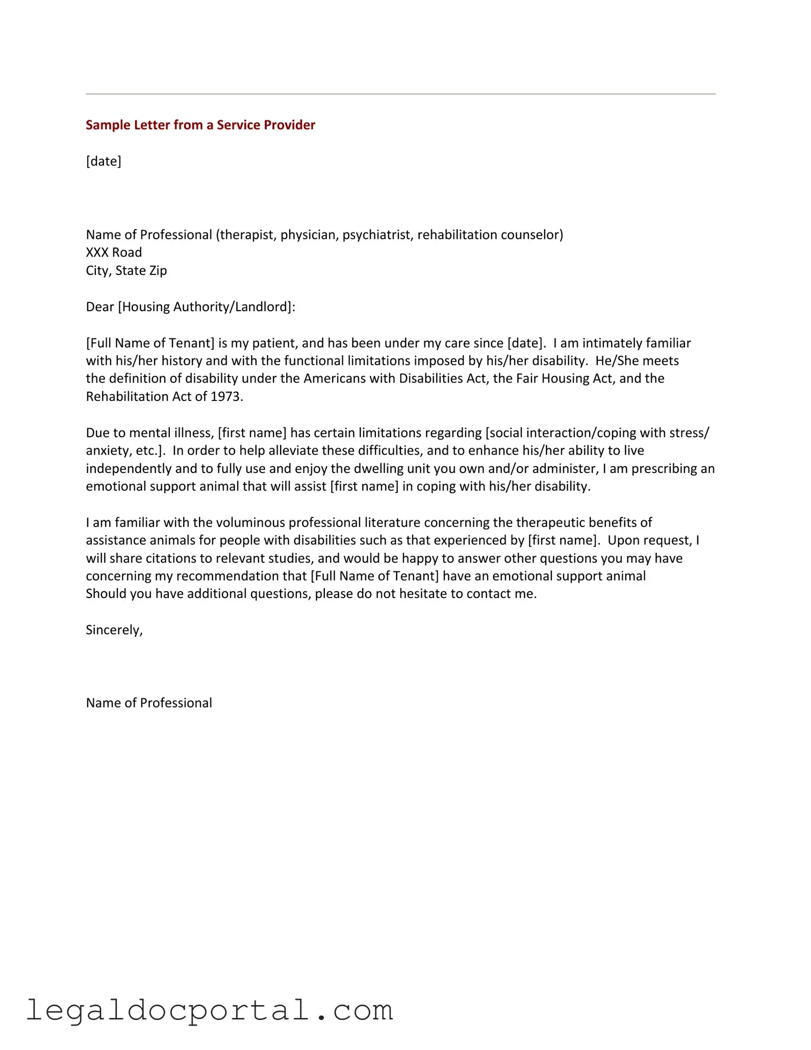 Printable Emotional Support Animal Letter Form