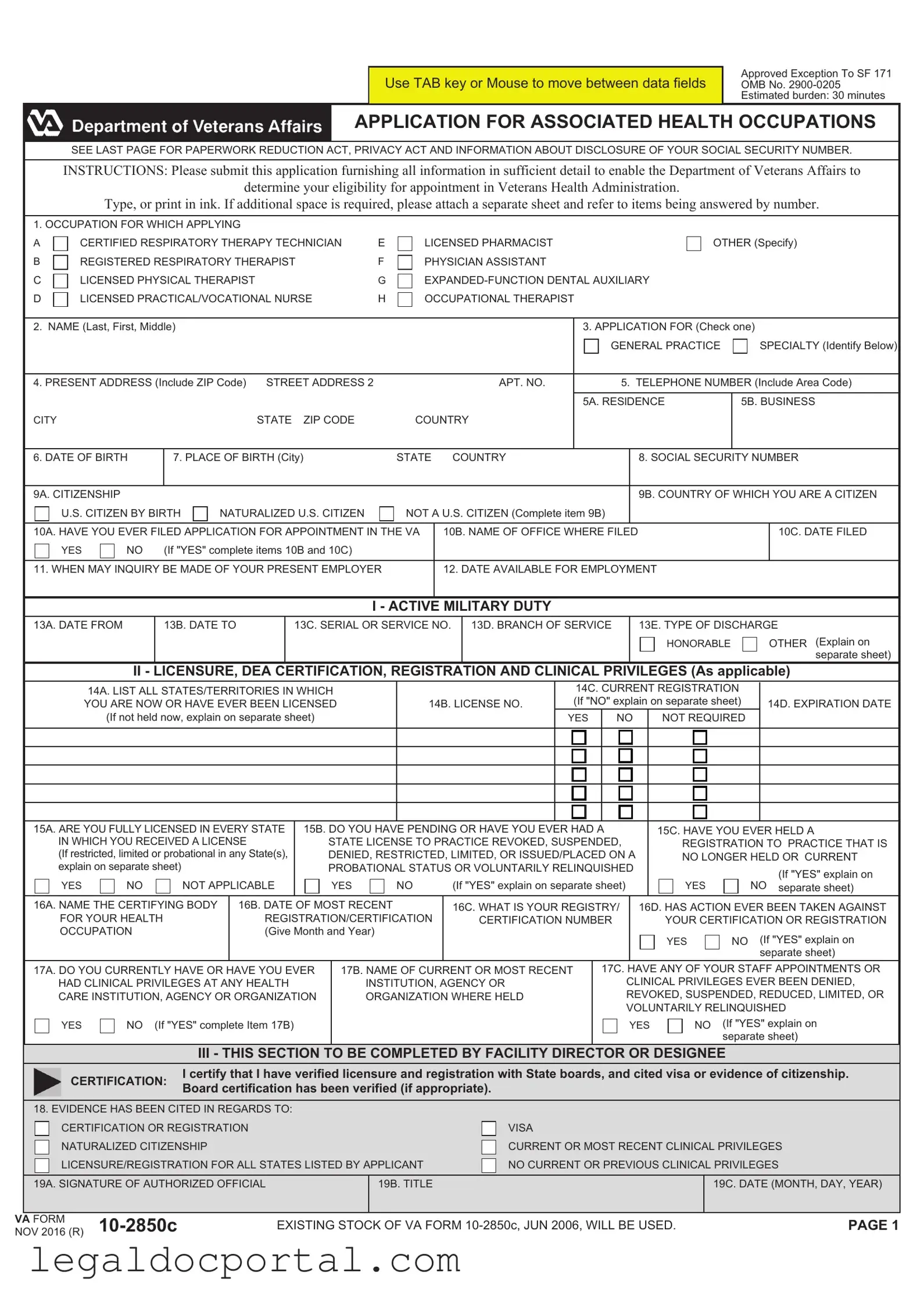 Printable VA 10-2850c Form