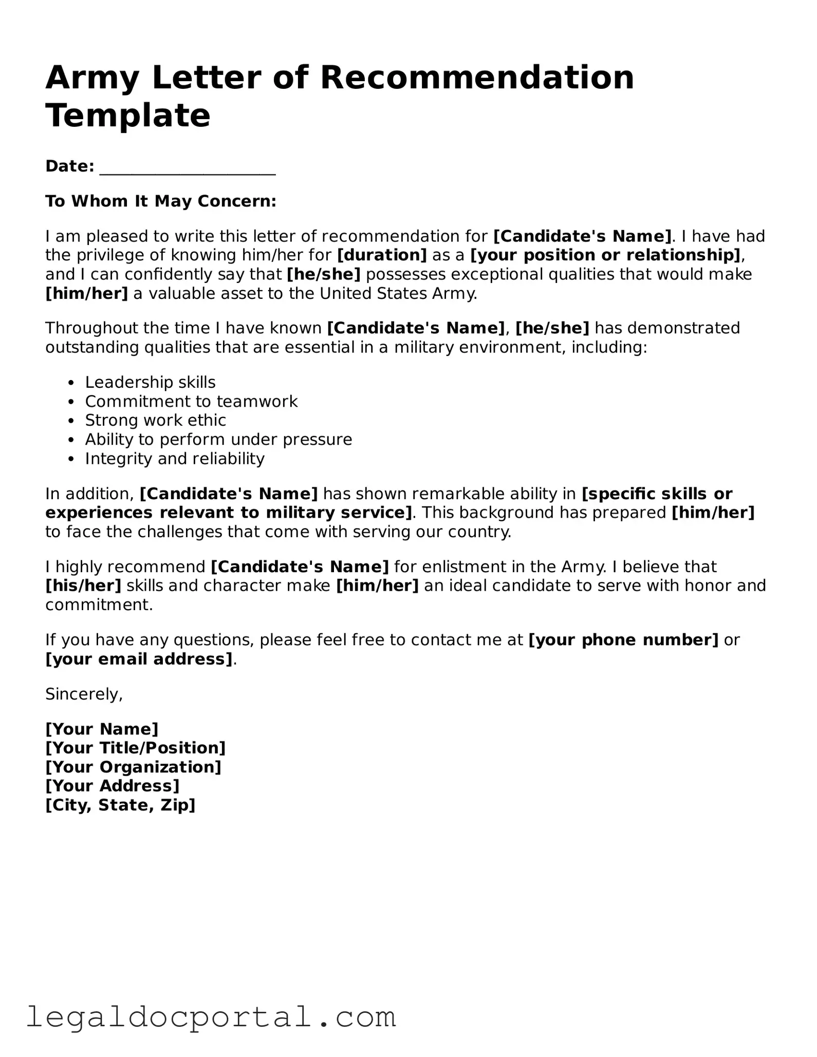 Official Army Letter of Recommendation Document