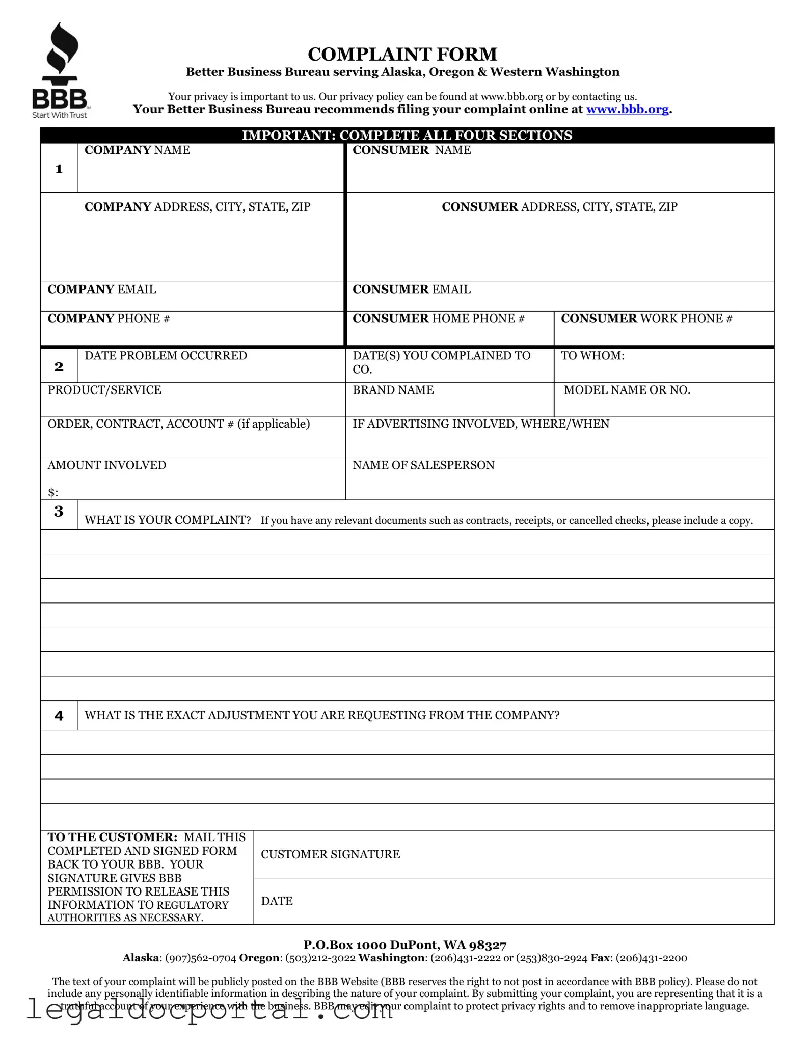 Printable Bbb Complaint Form