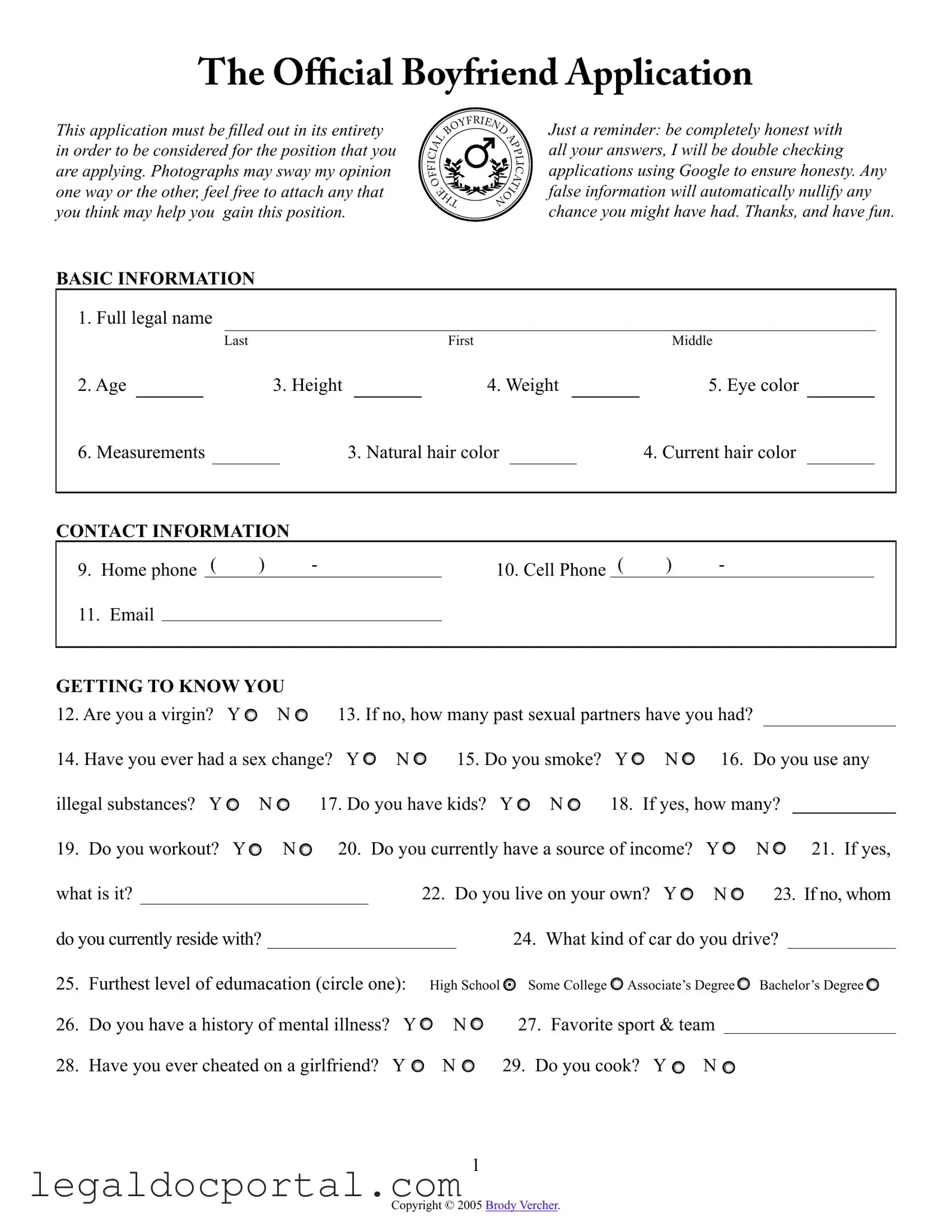 Printable Boyfriend application form Form