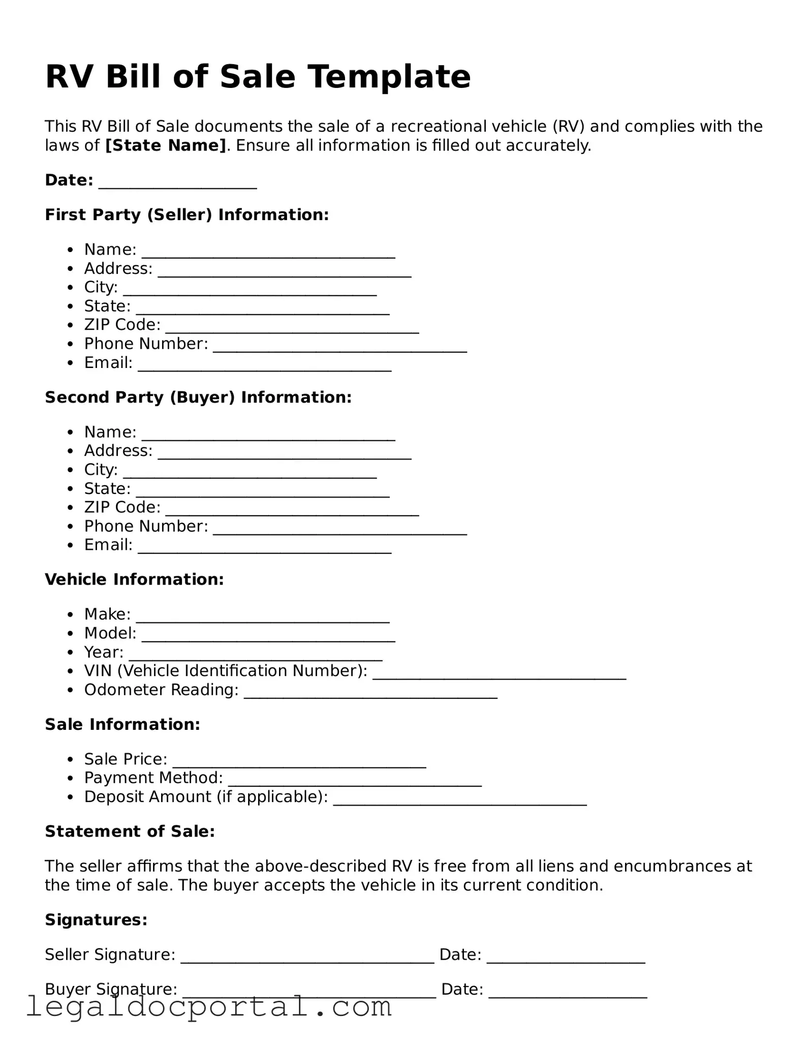 Official RV Bill of Sale Document