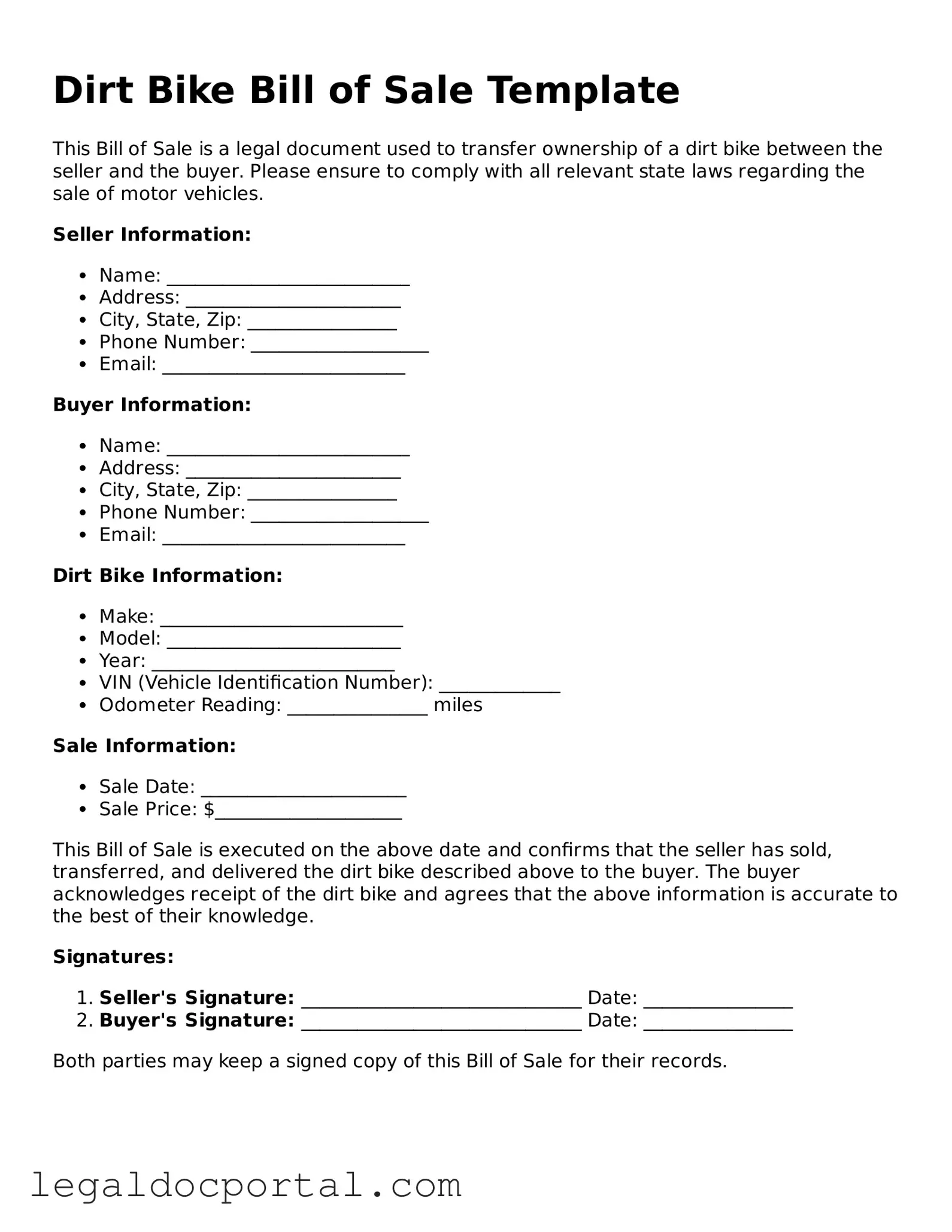 Official Dirt Bike Bill of Sale Document