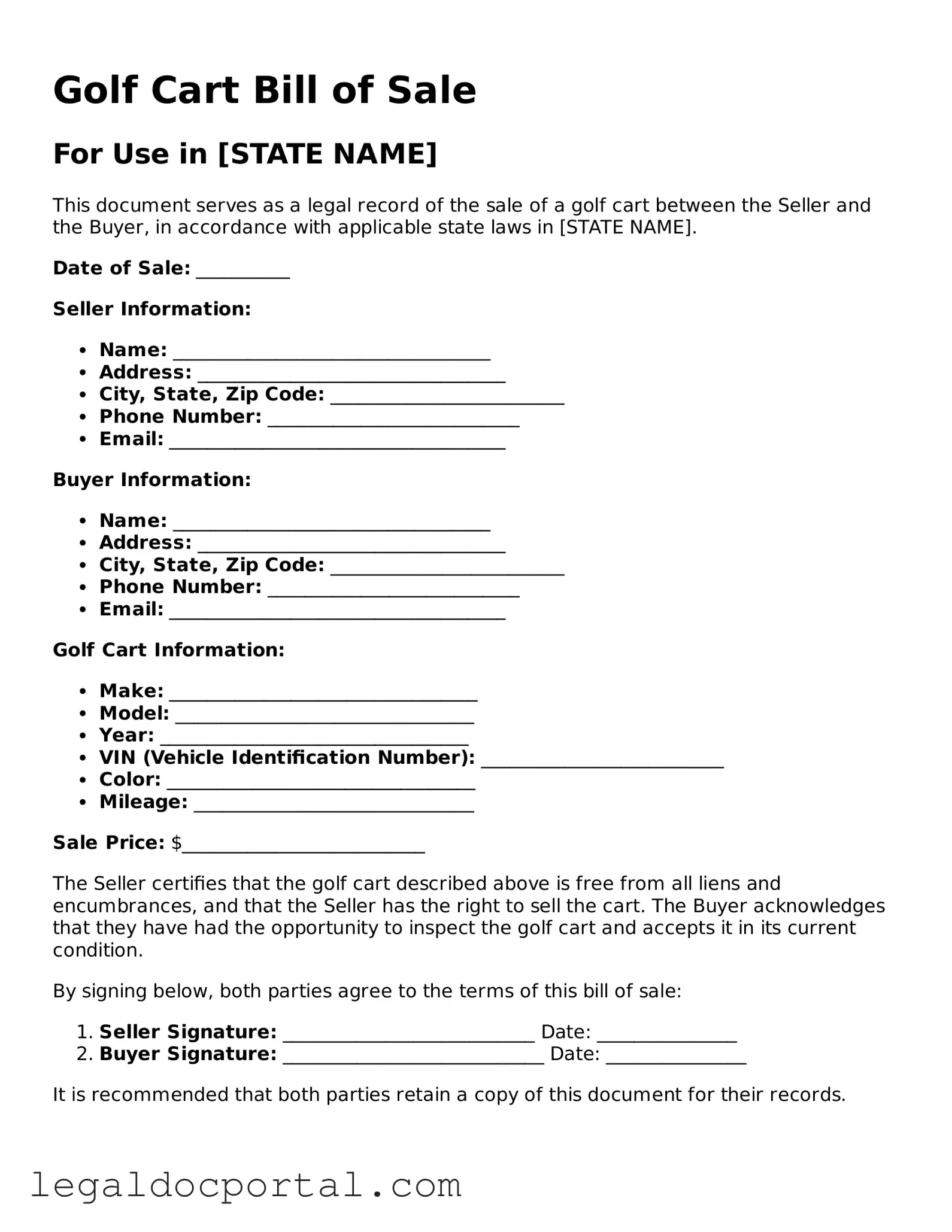 Official Golf Cart Bill of Sale Document
