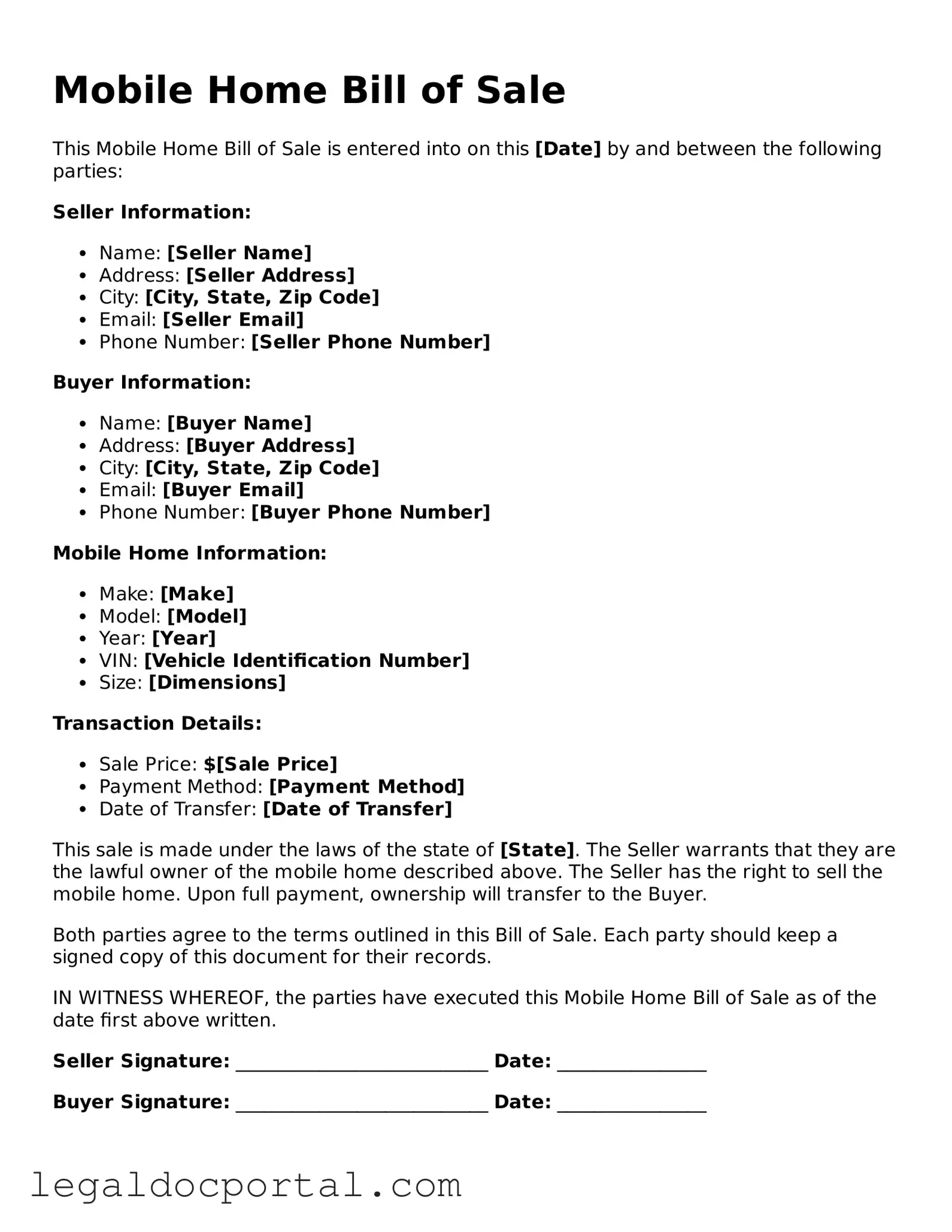Official Mobile Home Bill of Sale Document
