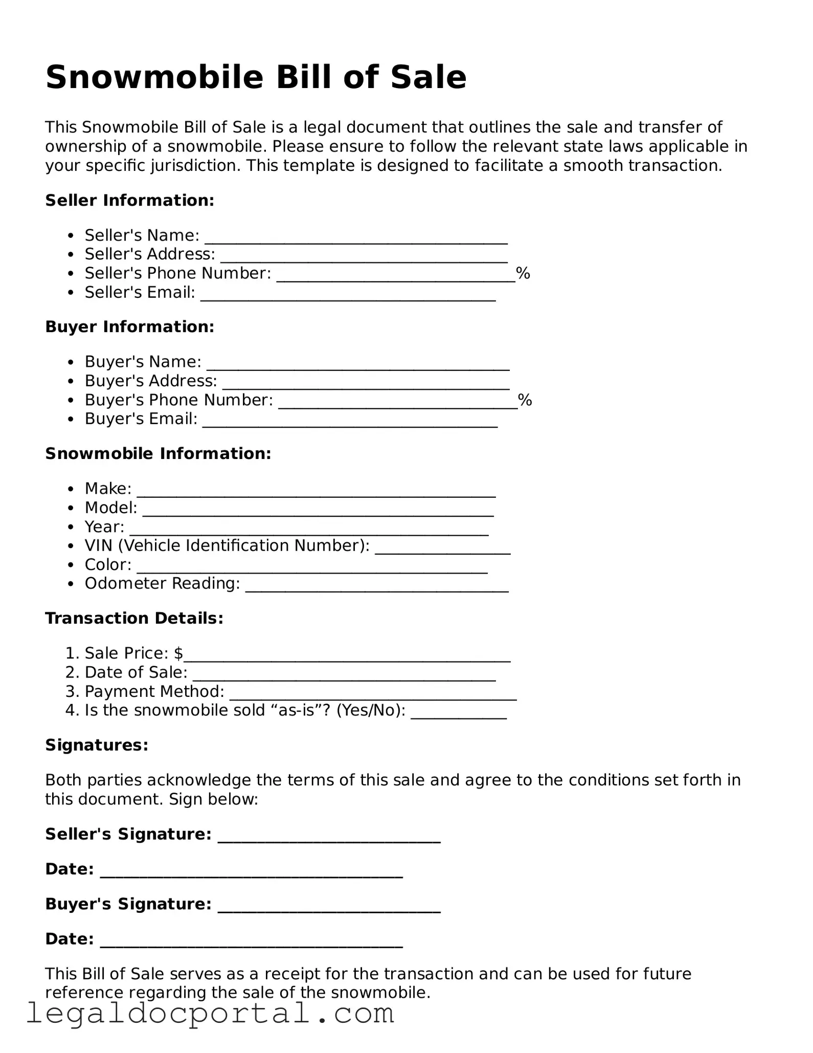 Official Snowmobile Bill of Sale Document