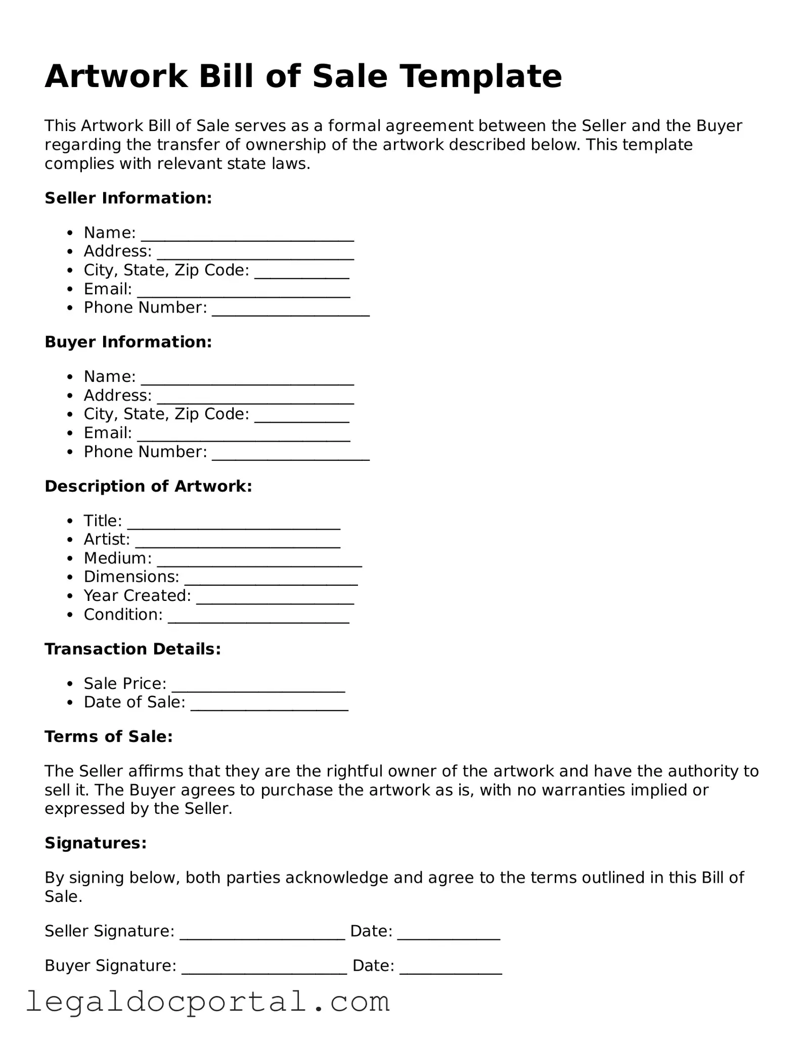 Official Artwork Bill of Sale Document