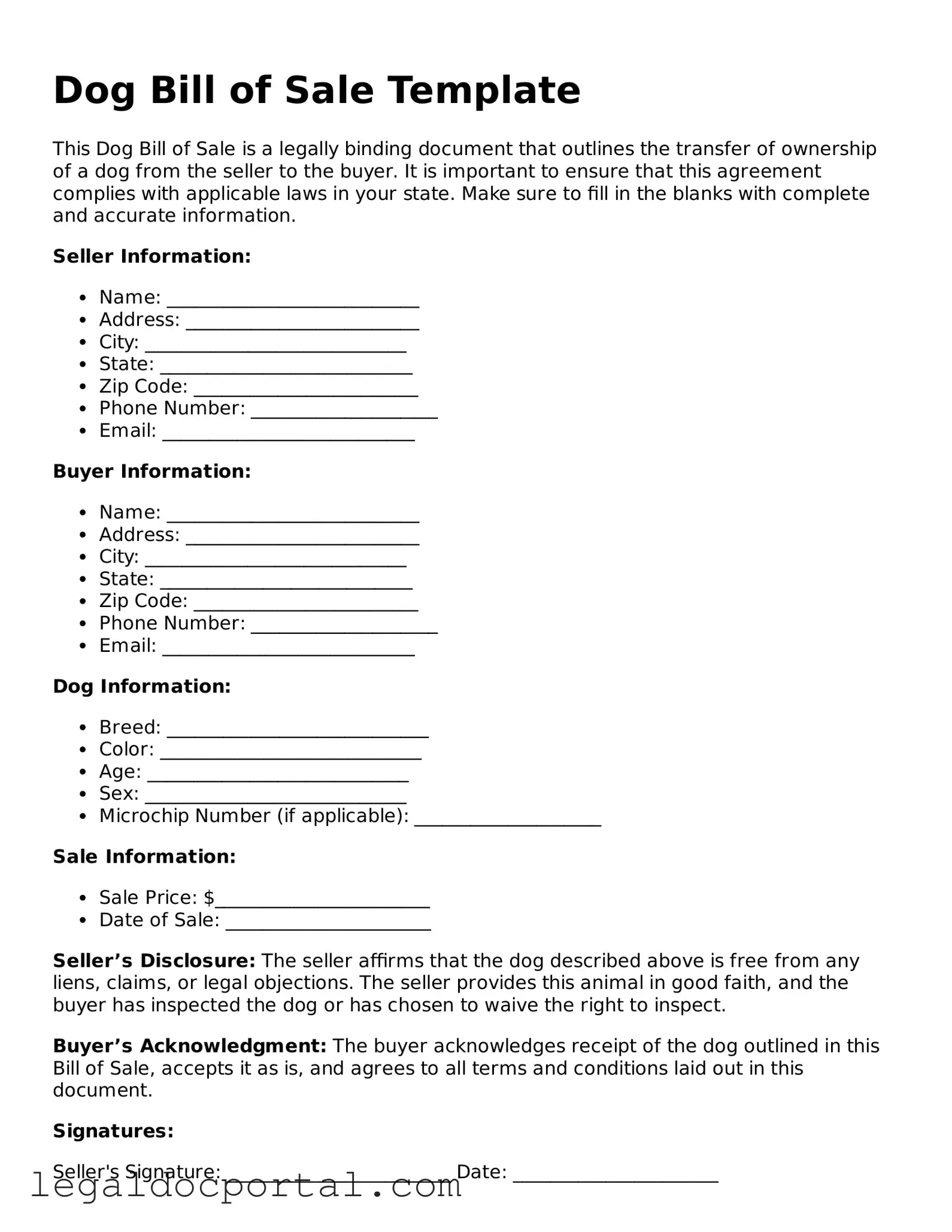 Official Dog Bill of Sale Document