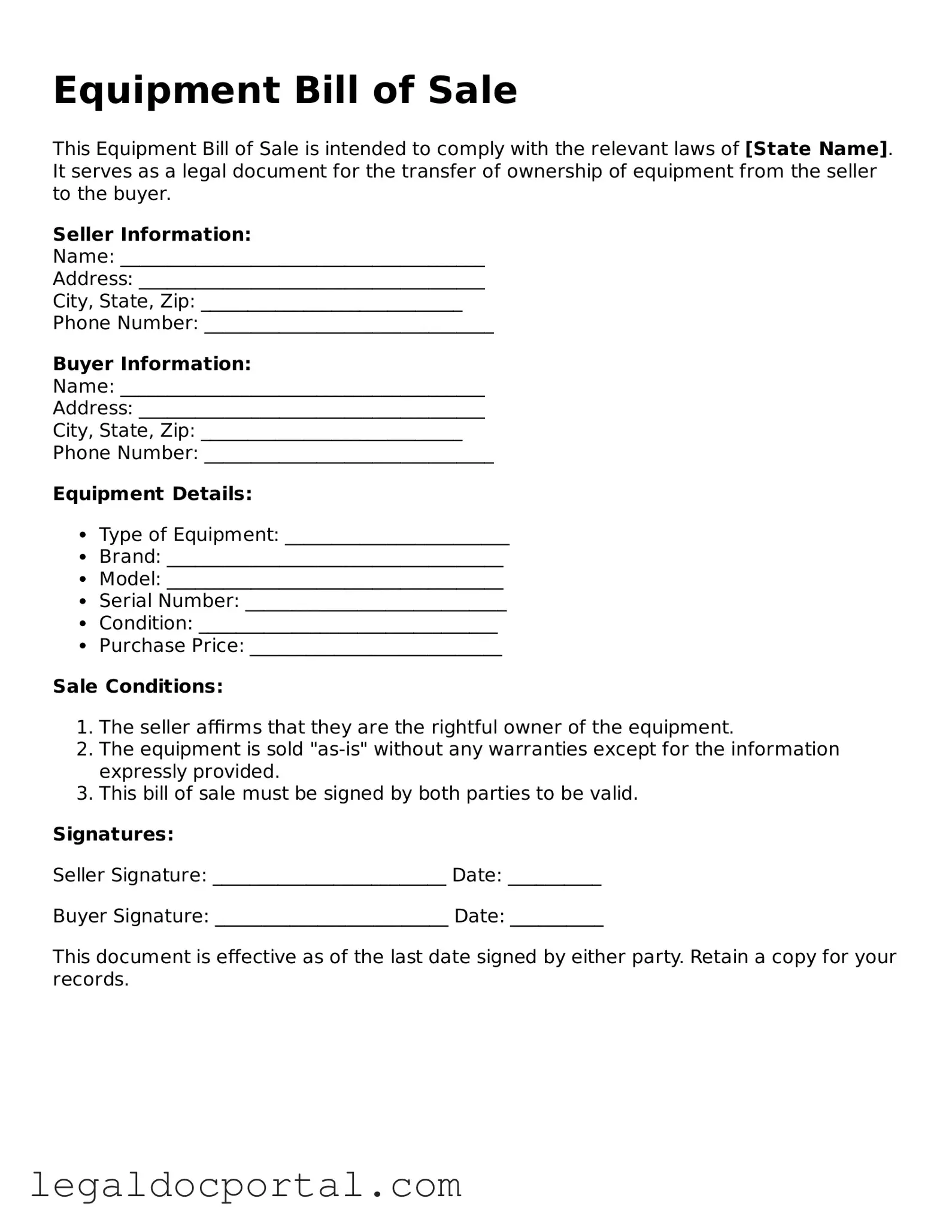 Official Equipment Bill of Sale Document