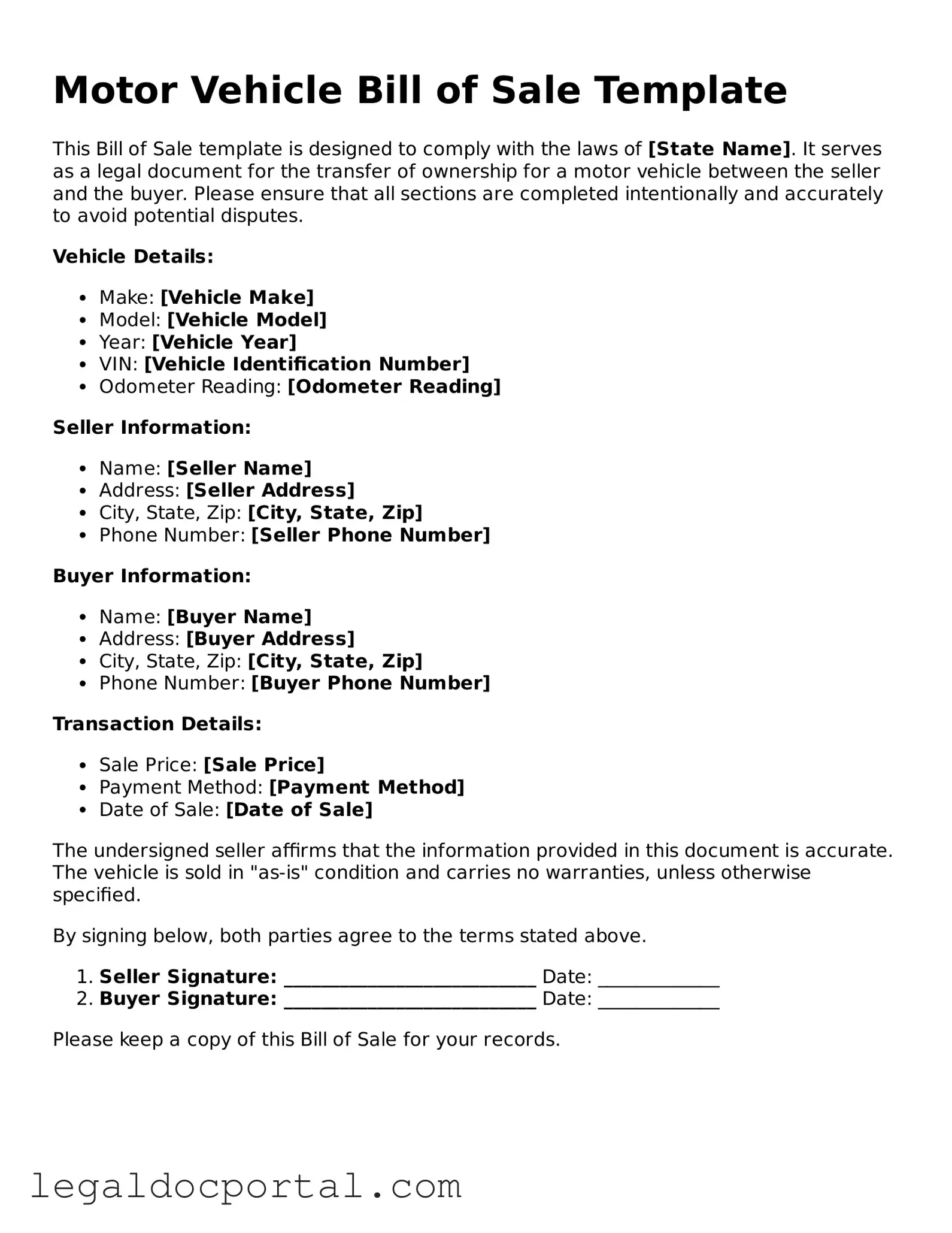 Official Motor Vehicle Bill of Sale Document