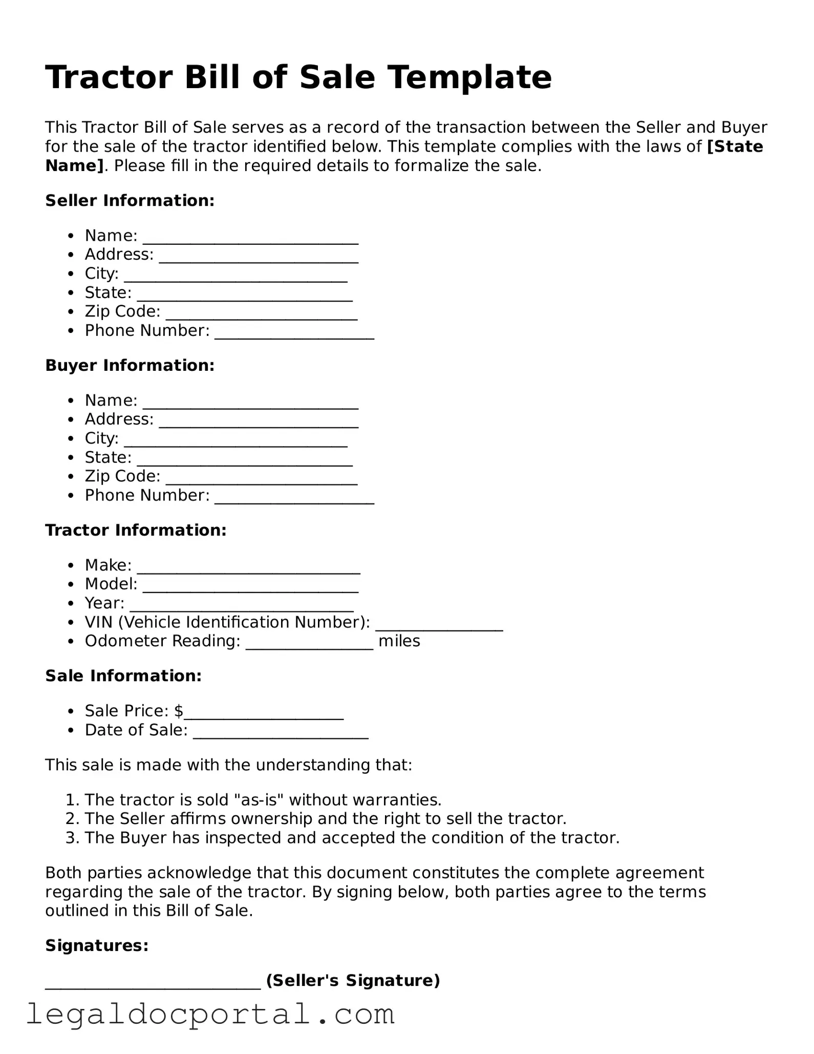 Official Tractor Bill of Sale Document