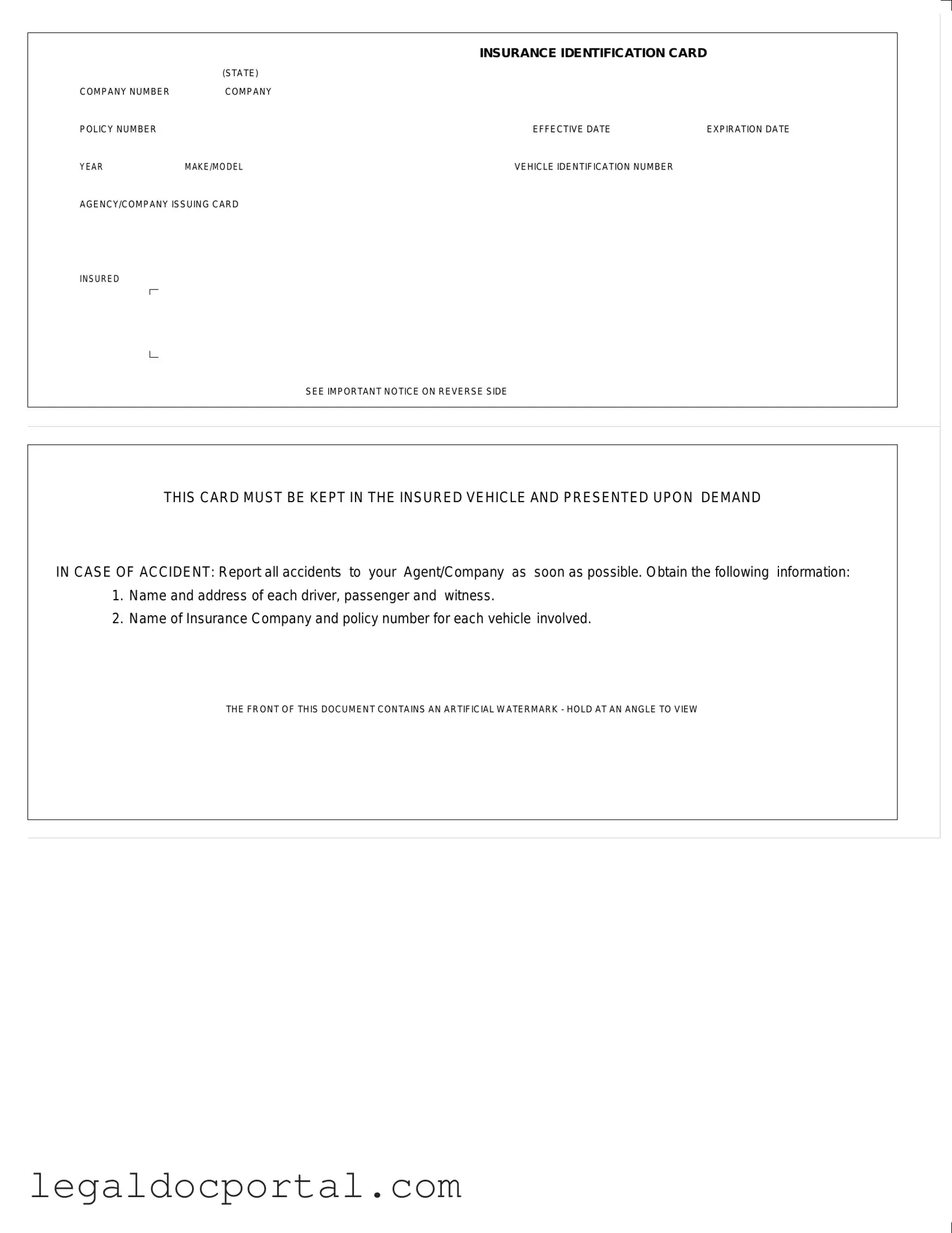 Printable Auto Insurance Card Form