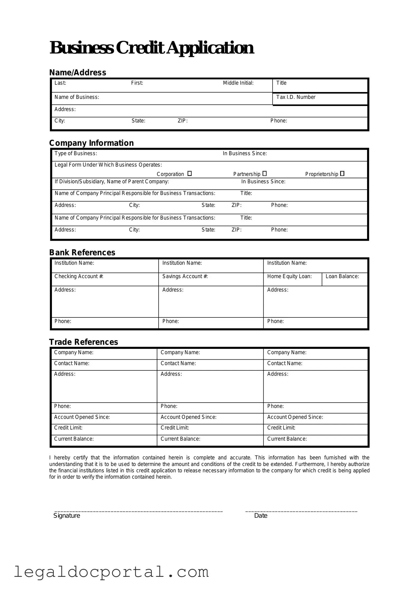 Printable Business Credit Application Form