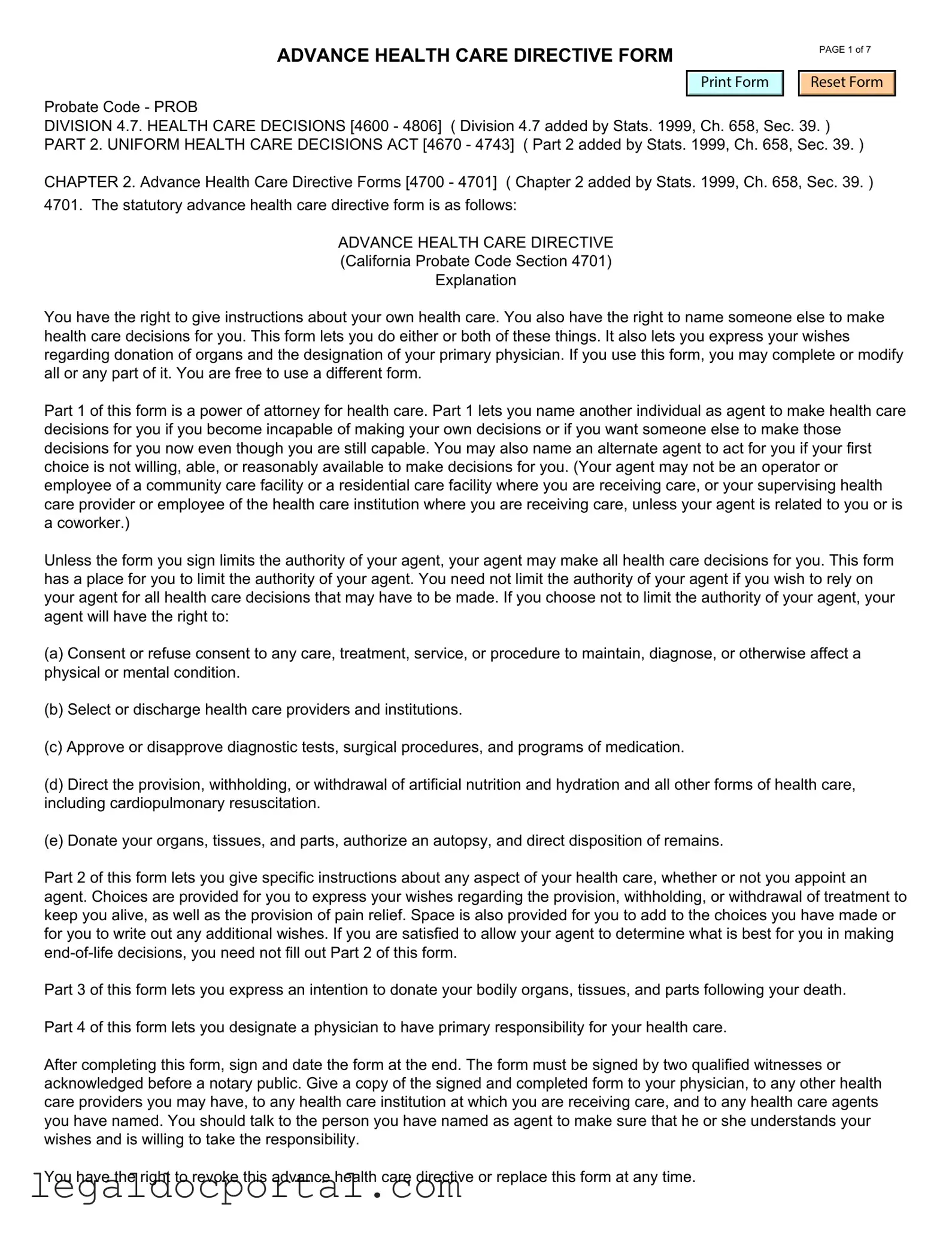 Printable California Advanced Health Care Directive Form