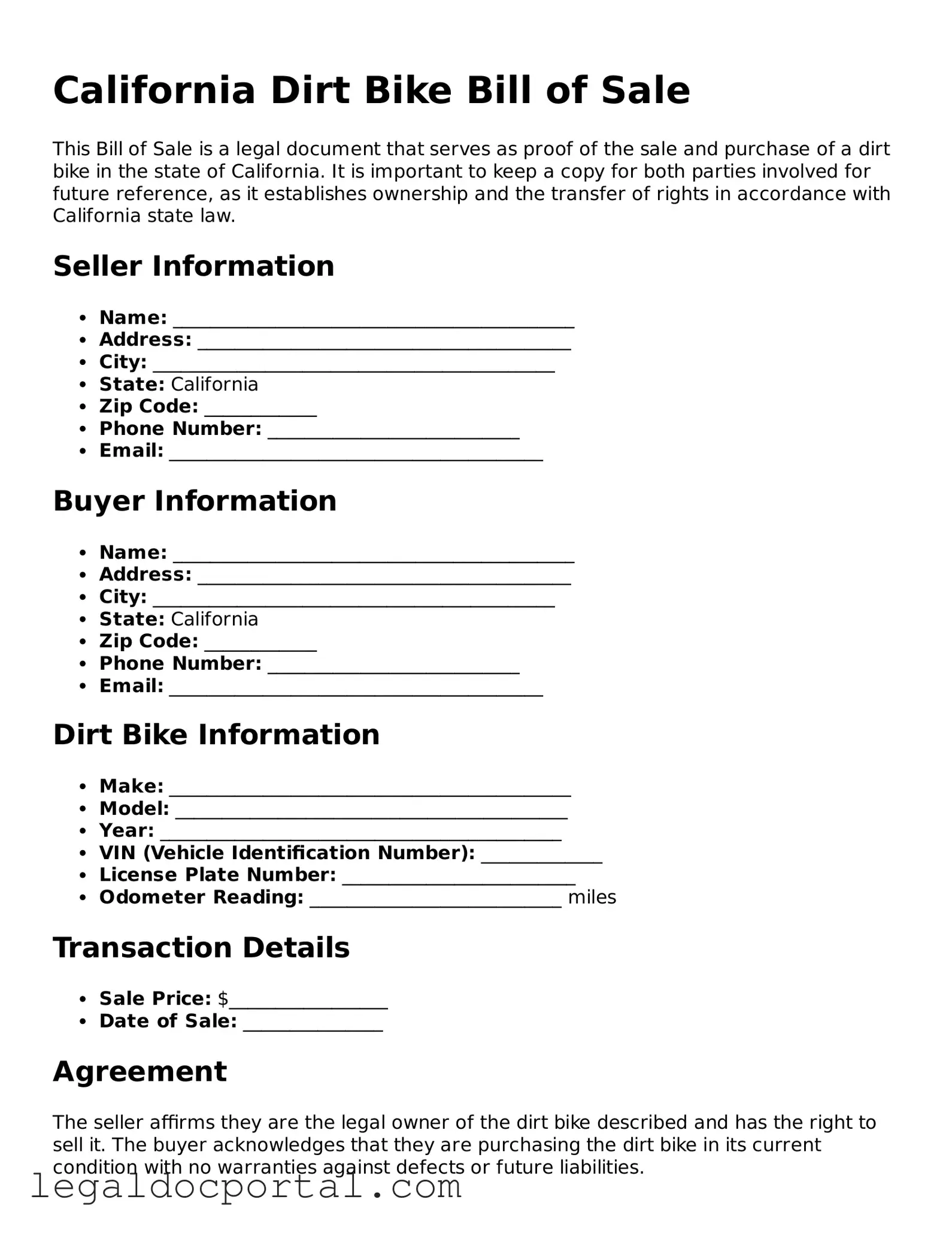 Attorney-Verified California Dirt Bike Bill of Sale Form
