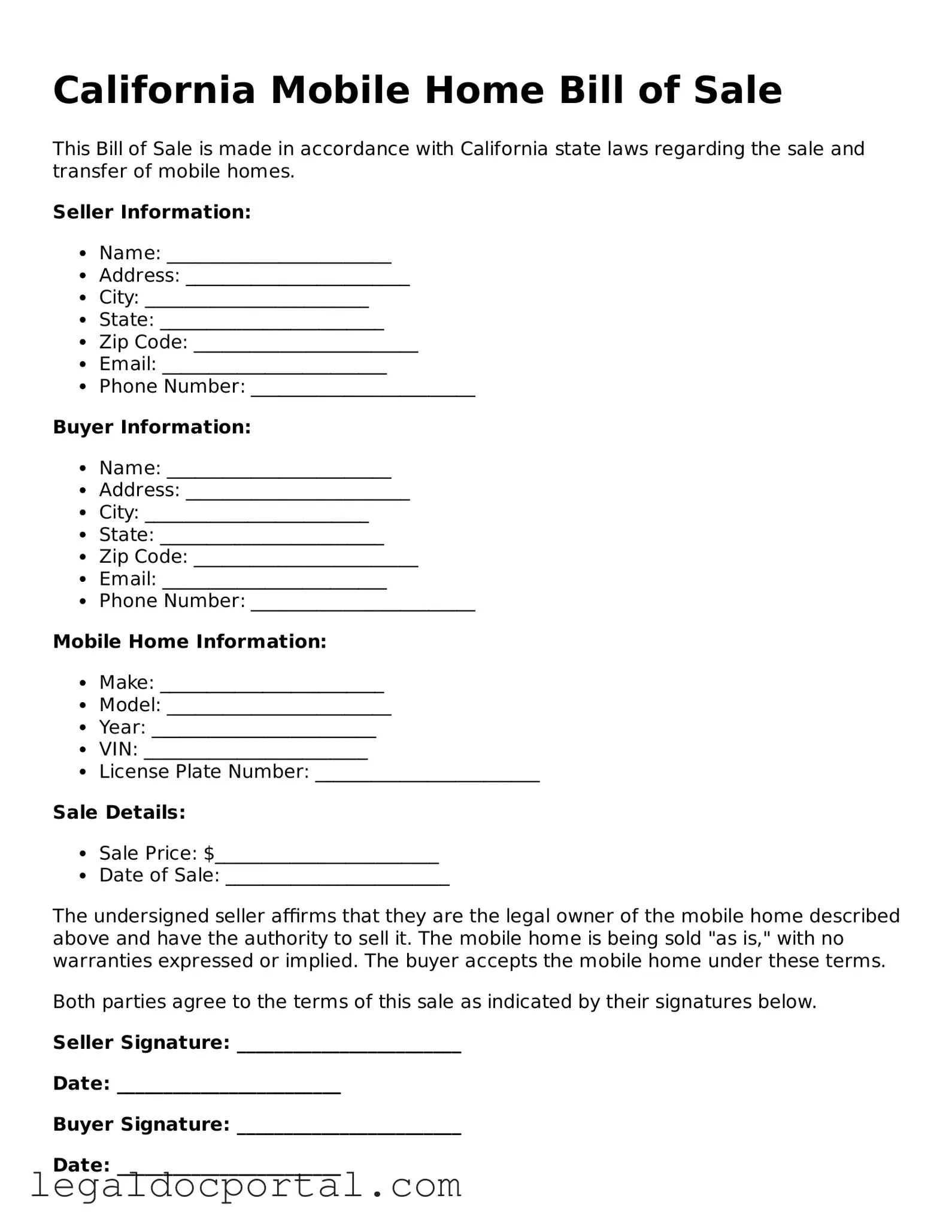 Attorney-Verified California Mobile Home Bill of Sale Form