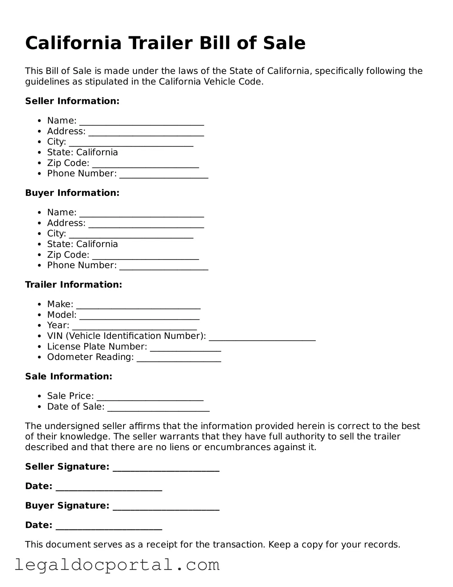 Attorney-Verified California Trailer Bill of Sale Form