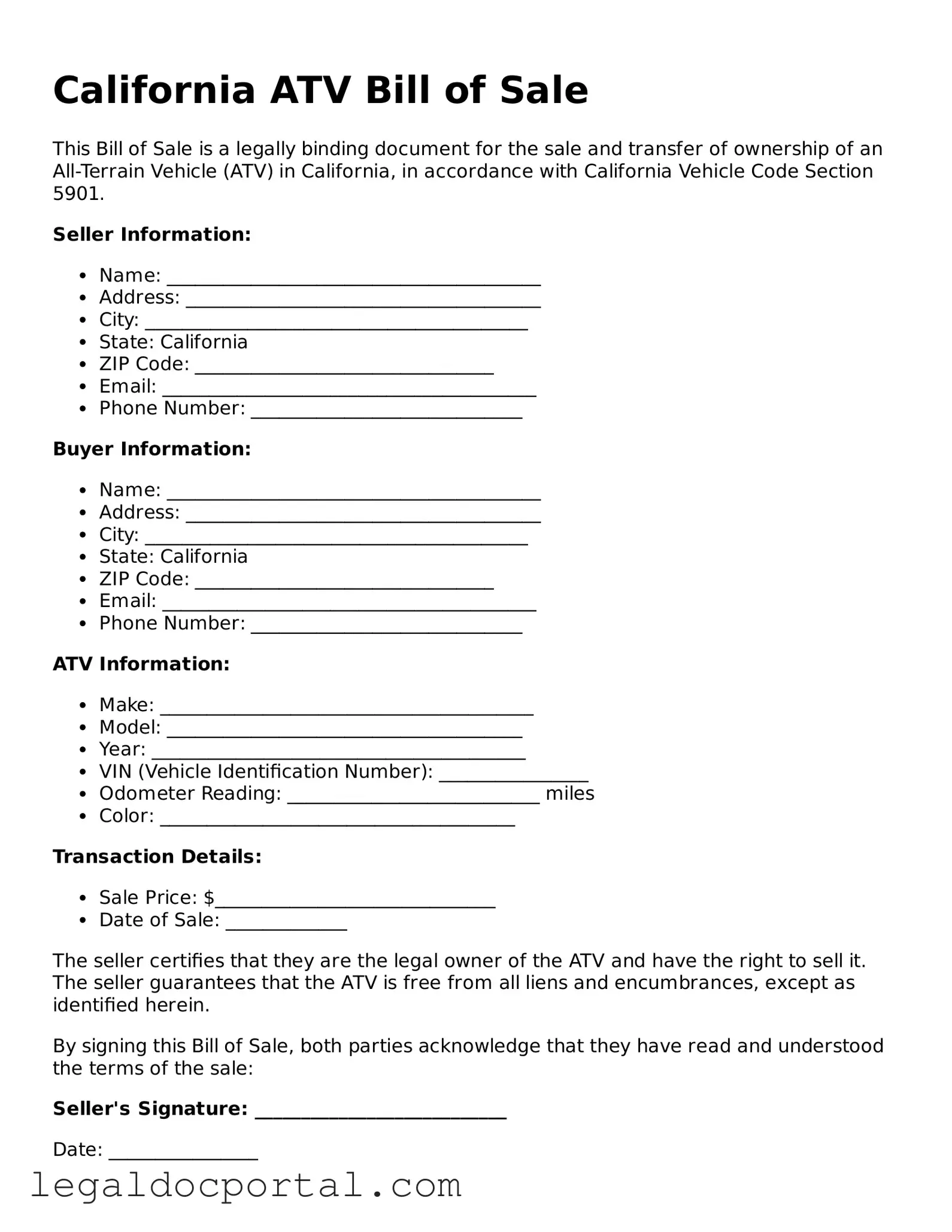 Attorney-Verified California ATV Bill of Sale Form