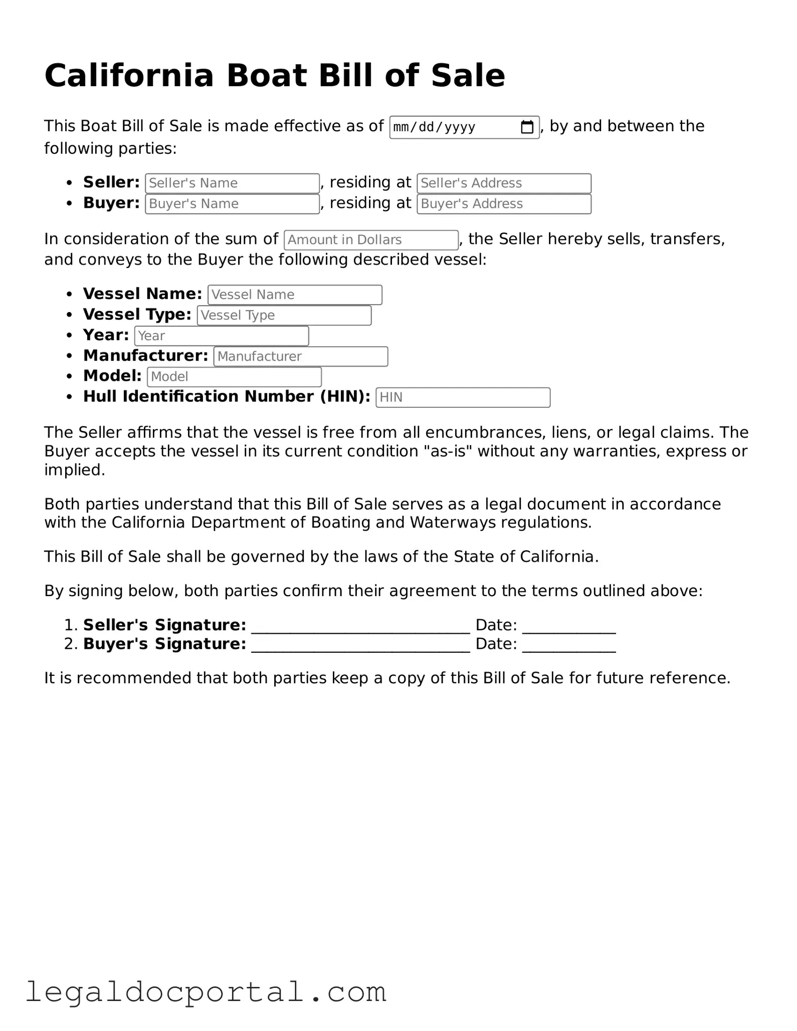 Attorney-Verified California Boat Bill of Sale Form