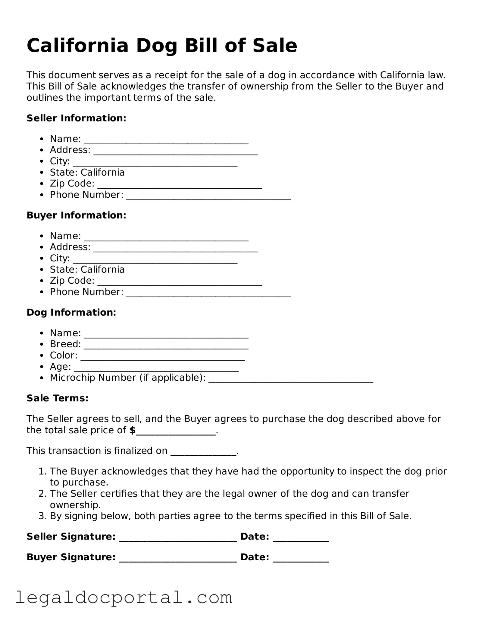 Attorney-Verified California Dog Bill of Sale Form