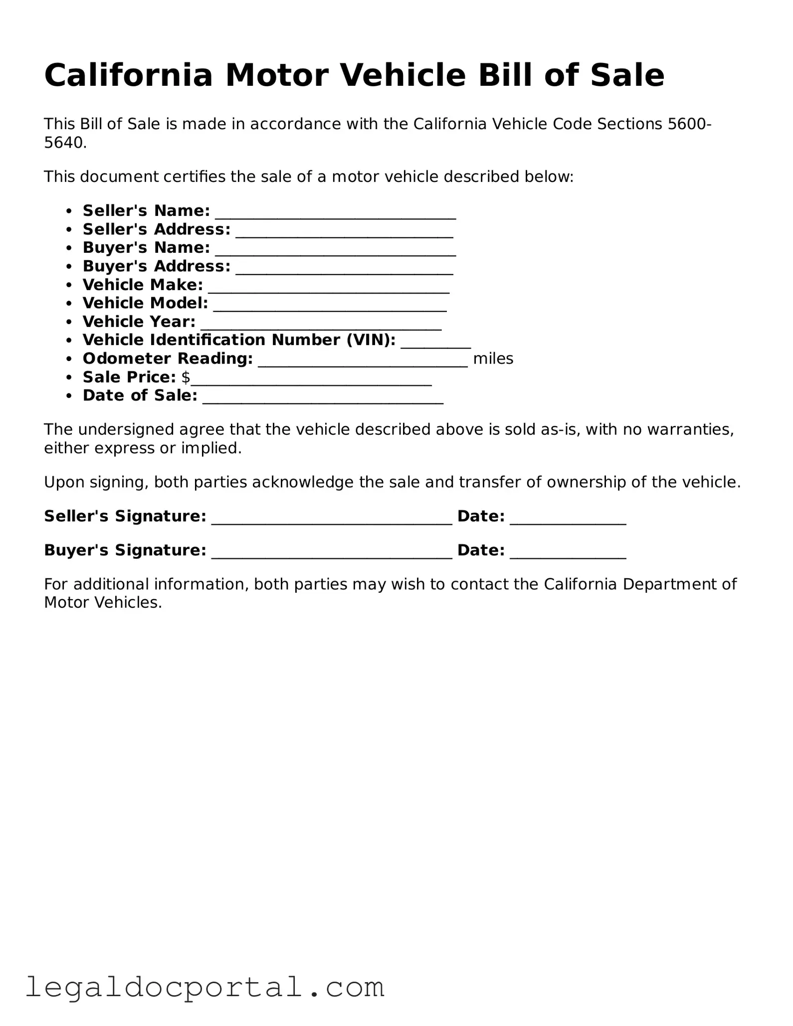 Attorney-Verified California Motor Vehicle Bill of Sale Form