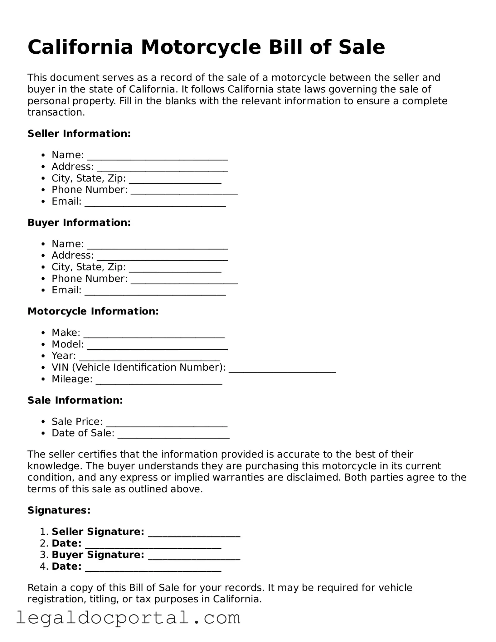Attorney-Verified California Motorcycle Bill of Sale Form