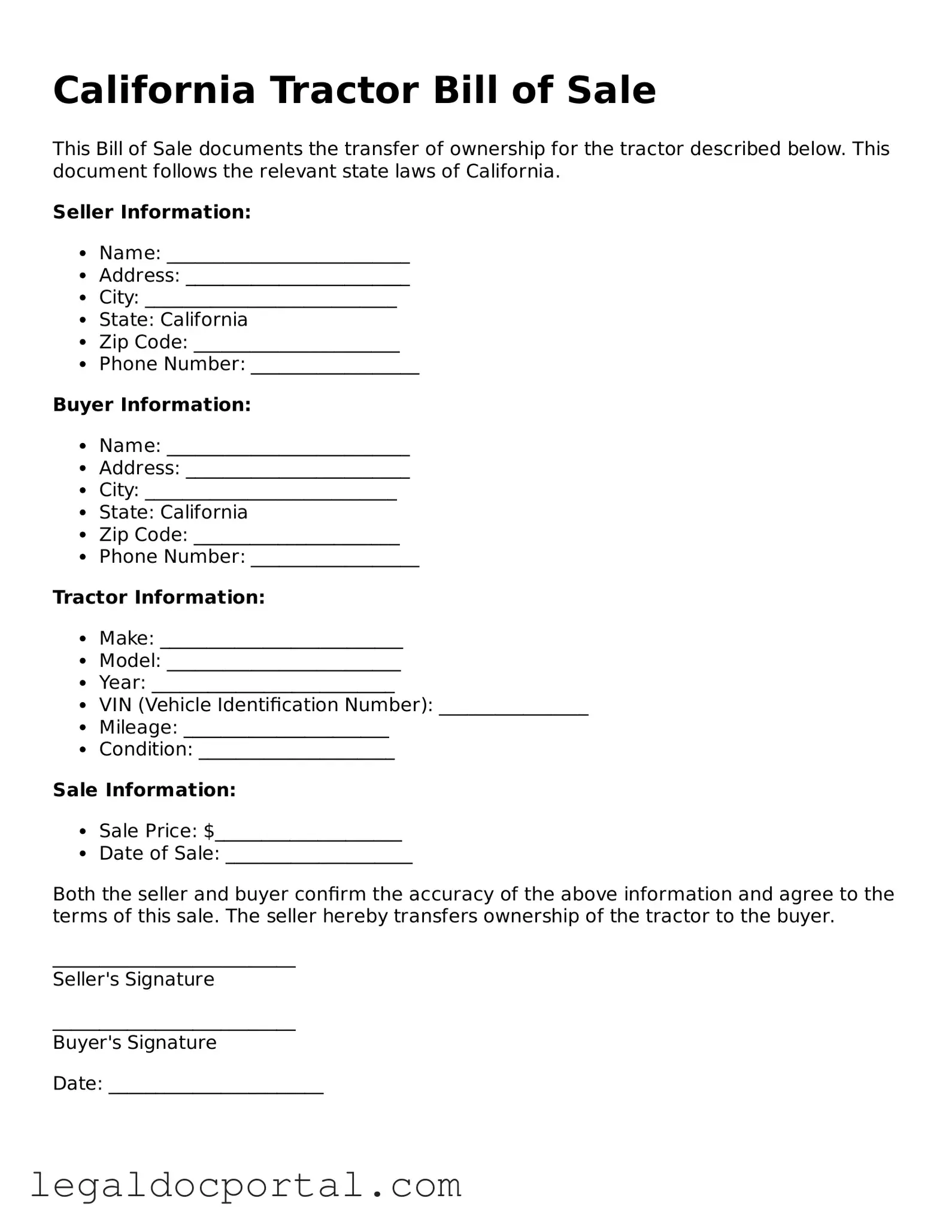Attorney-Verified California Tractor Bill of Sale Form