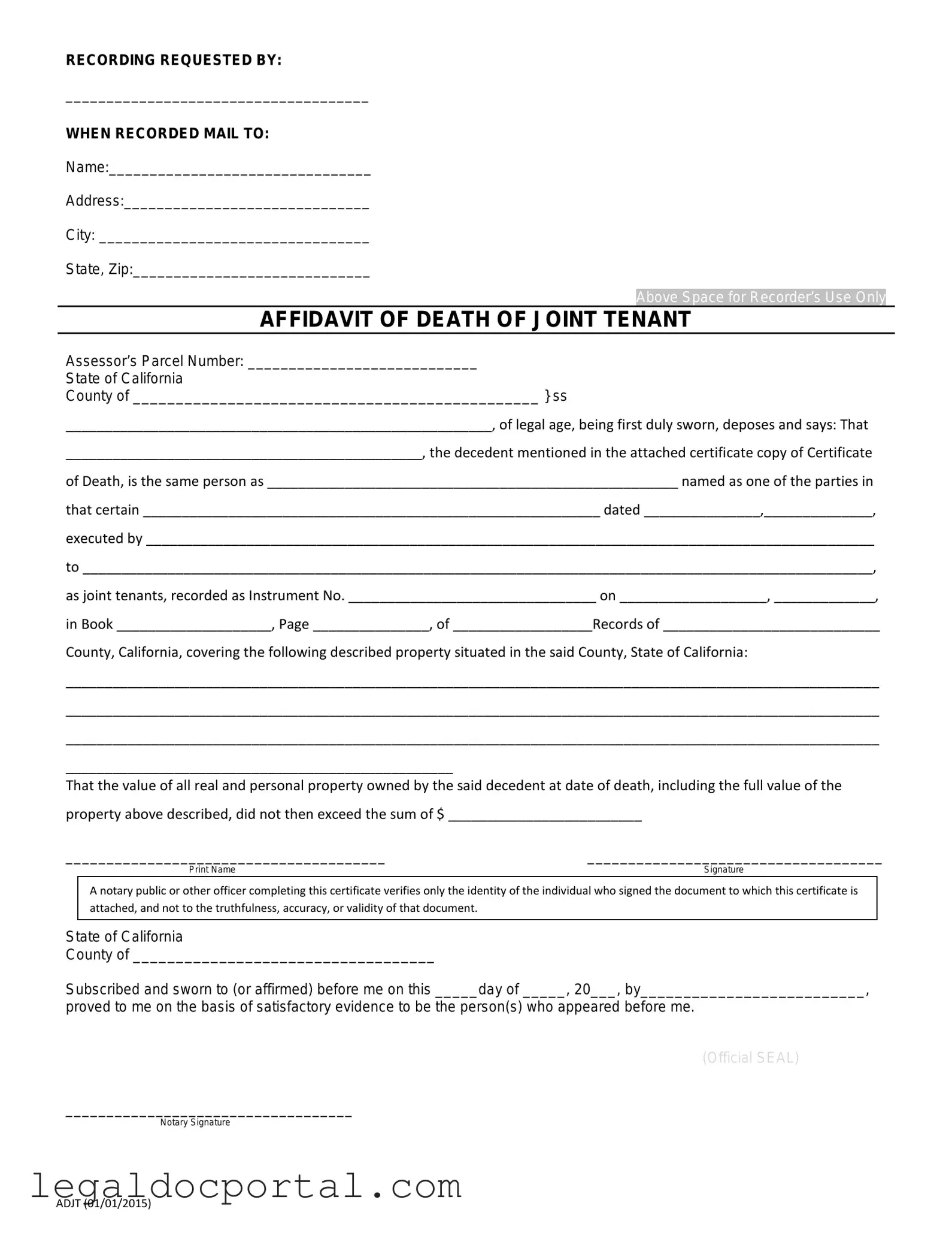 Printable California Death of a Joint Tenant Affidavit Form