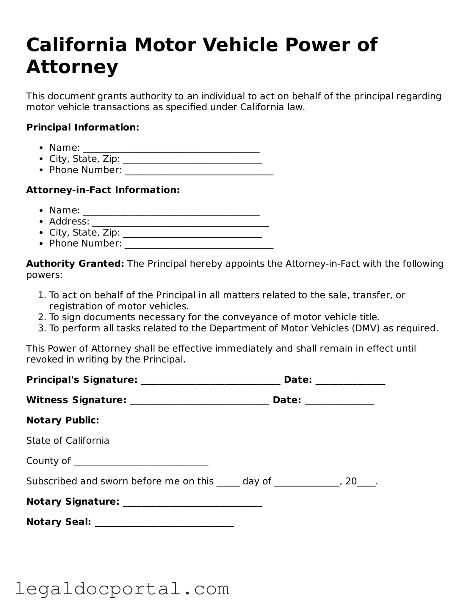 Attorney-Verified California Motor Vehicle Power of Attorney Form