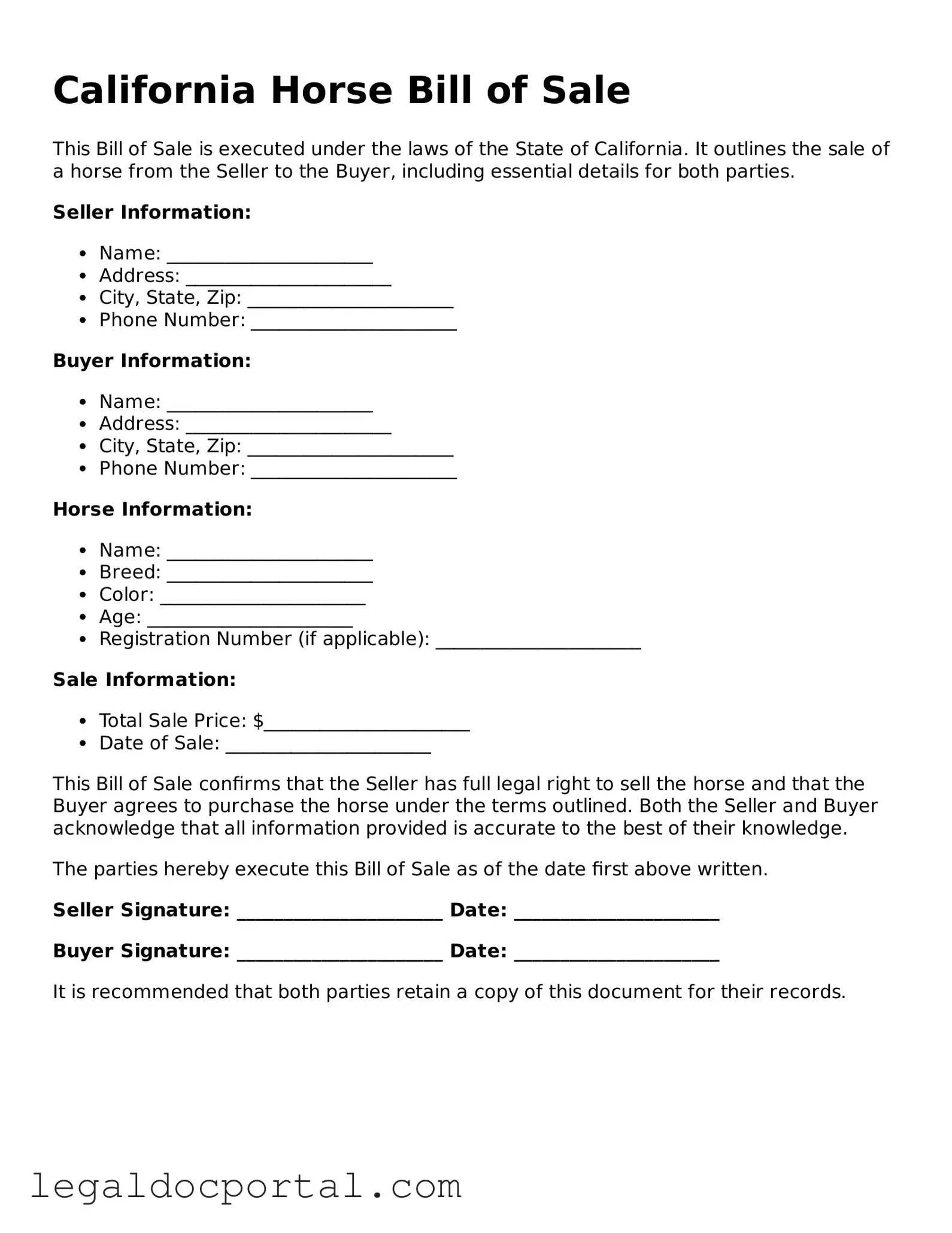 Attorney-Verified California Horse Bill of Sale Form