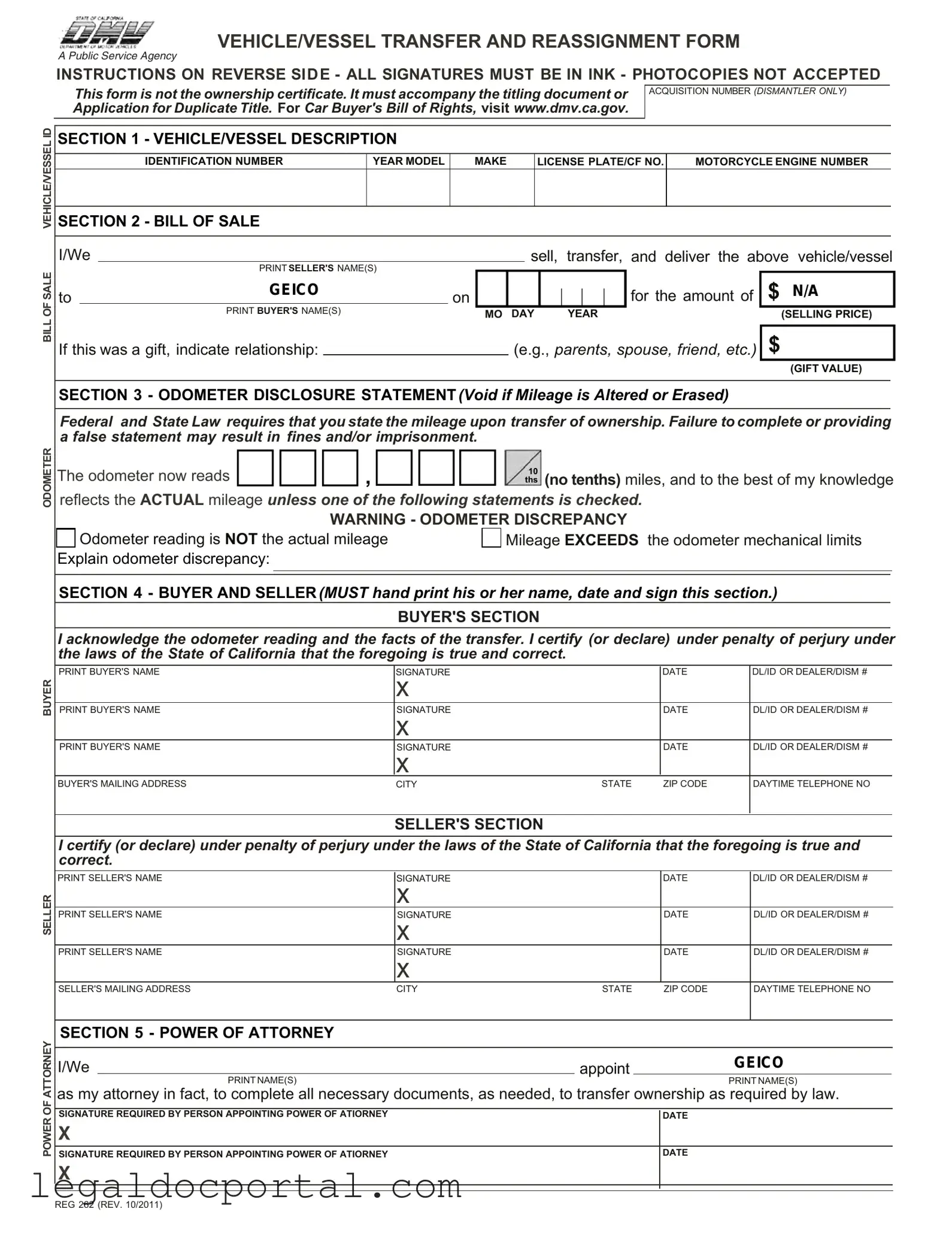 Printable California Fotm Reg 262 Form