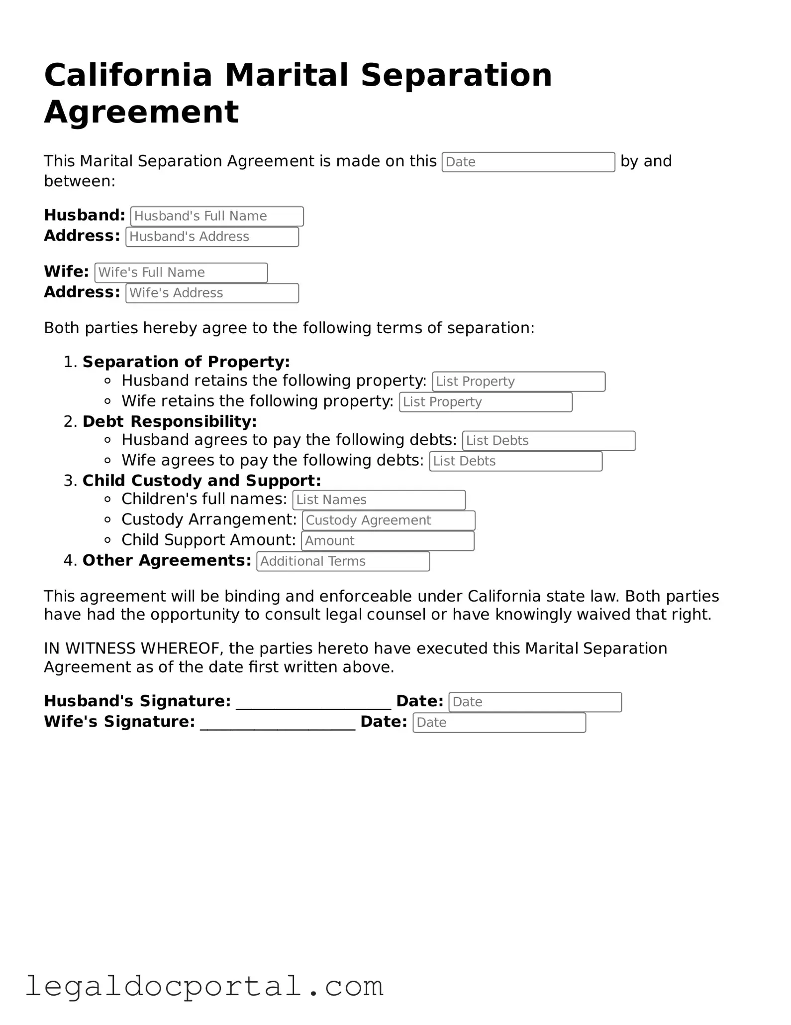 Attorney-Verified California Marital Separation Agreement Form