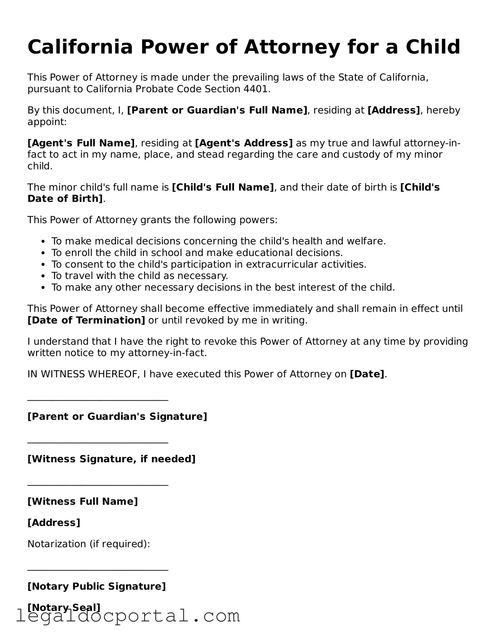 Attorney-Verified California Power of Attorney for a Child Form