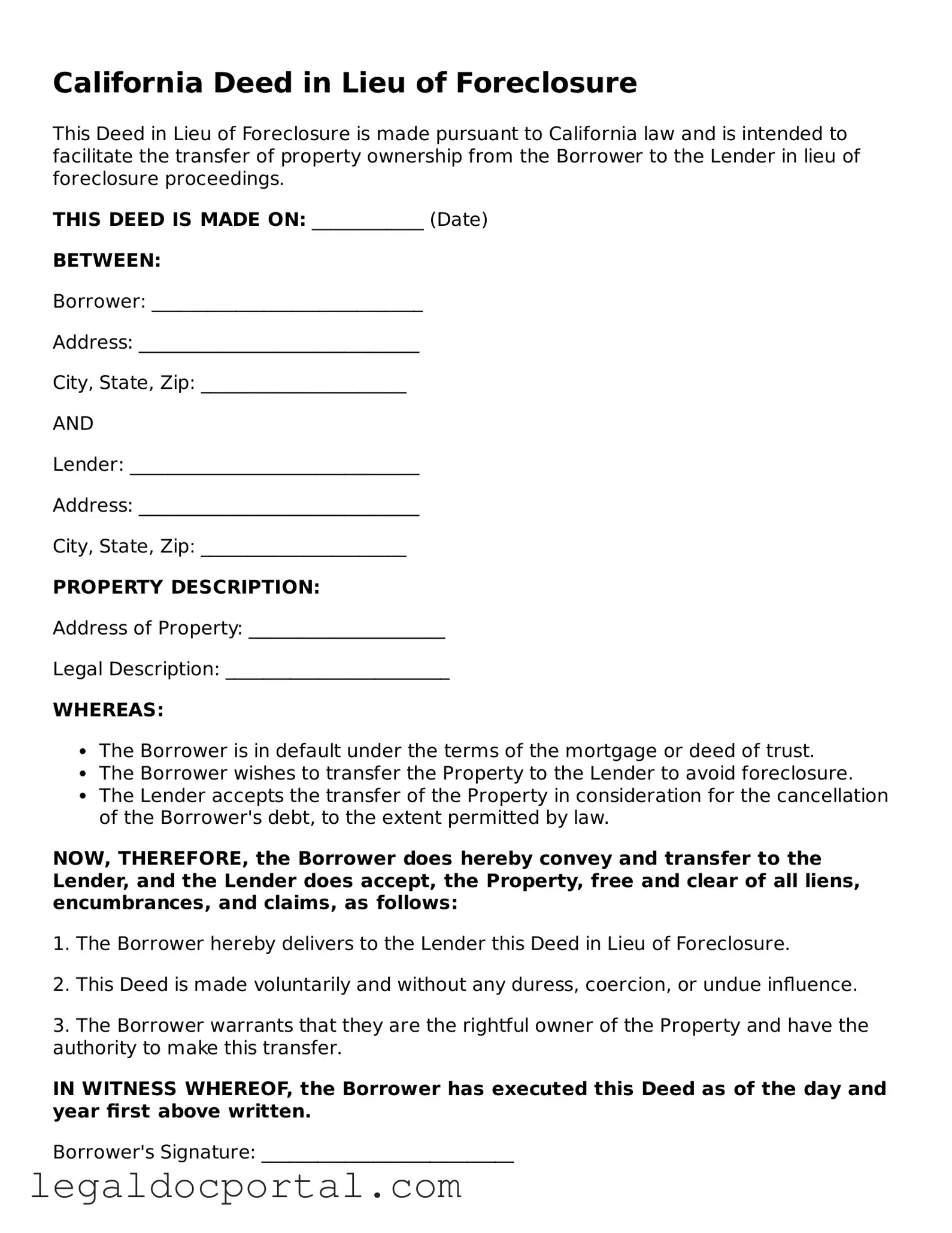 Attorney-Verified California Deed in Lieu of Foreclosure Form