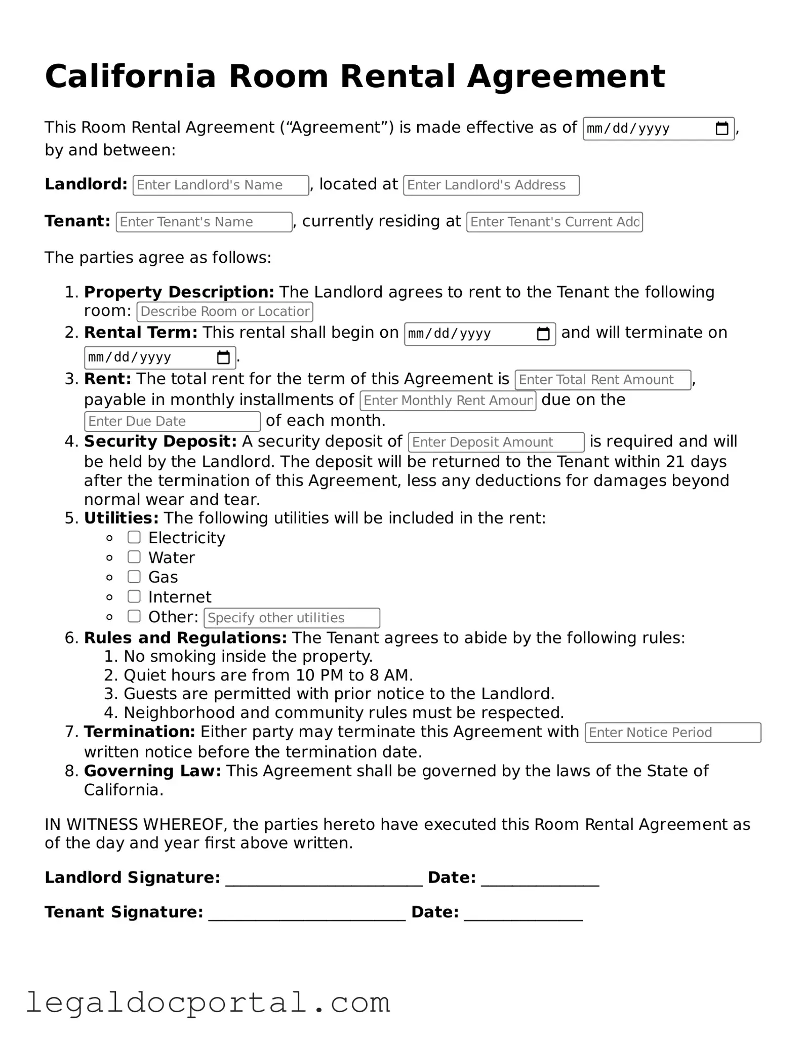 Attorney-Verified California Room Rental Agreement Form
