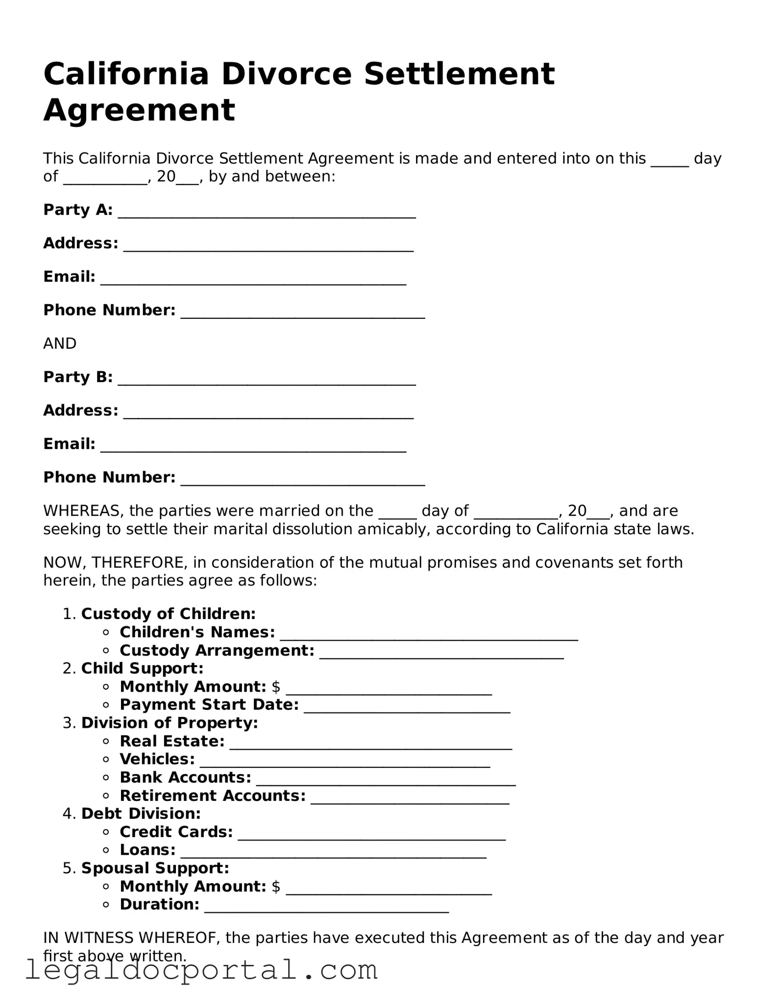 Attorney-Verified California Divorce Settlement Agreement Form