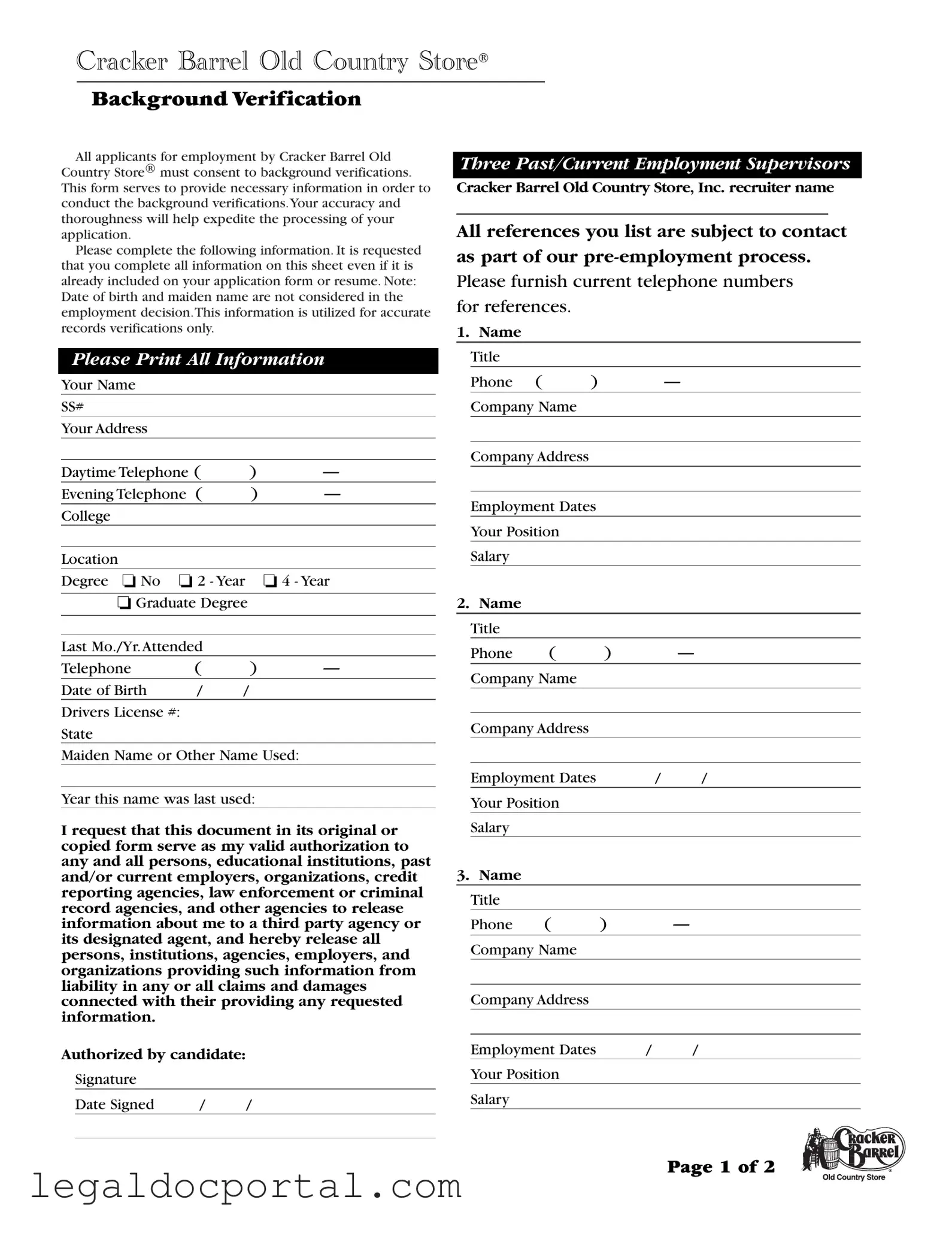 Printable Cracker Barrel Background Check Form