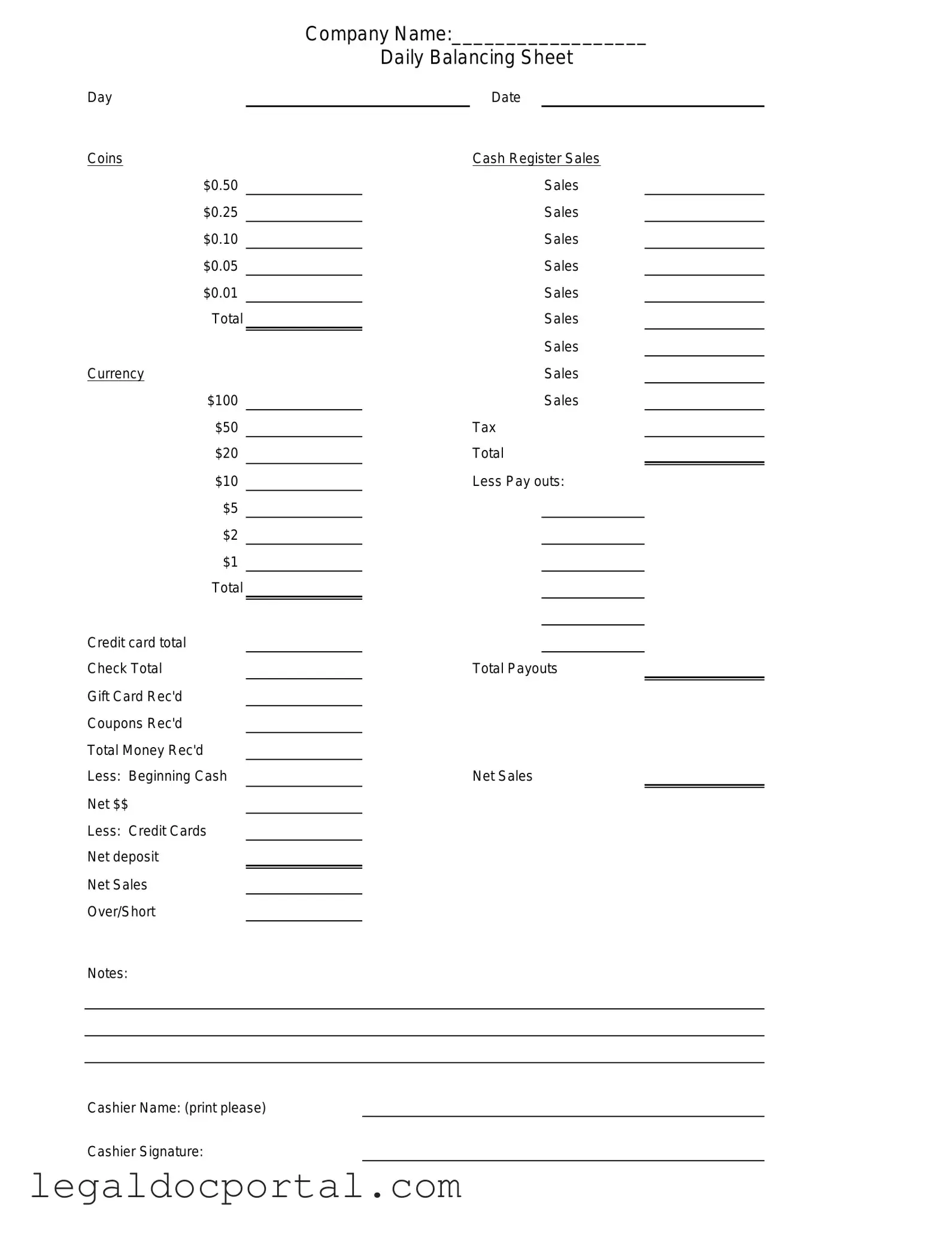 Printable Cash Drawer Count Sheet Form