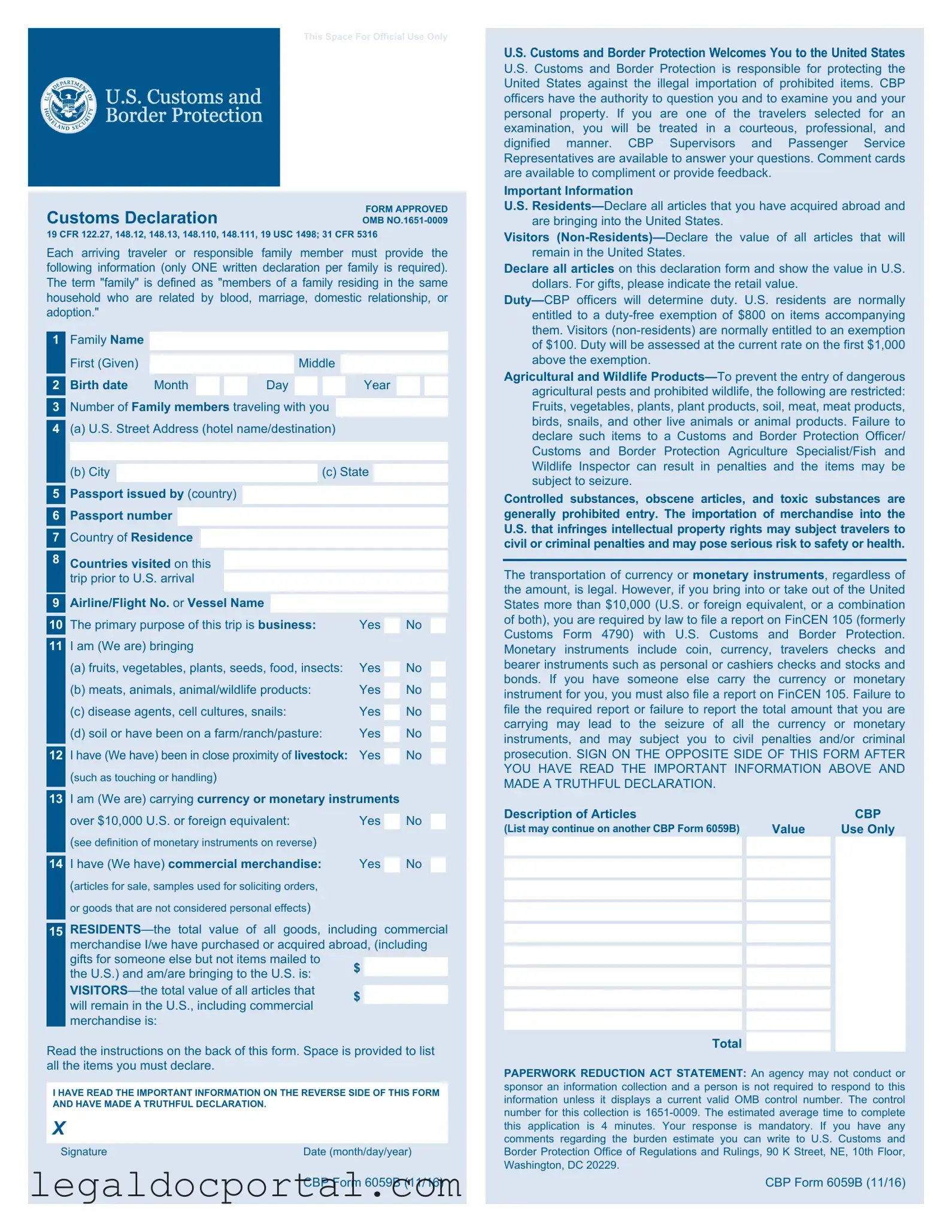Printable CBP 6059B Form