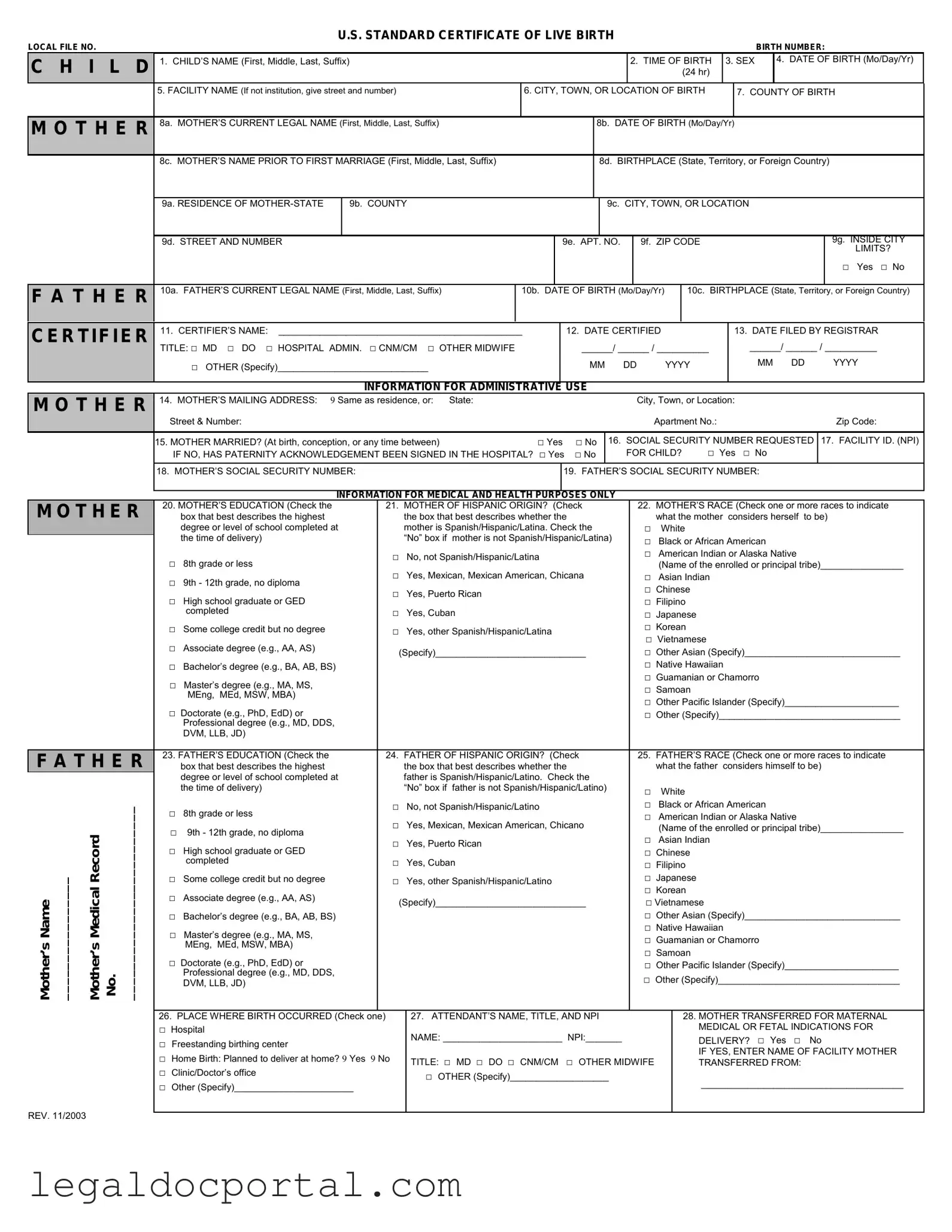 Printable CDC U.S. Standard Certificate of Live Birth Form