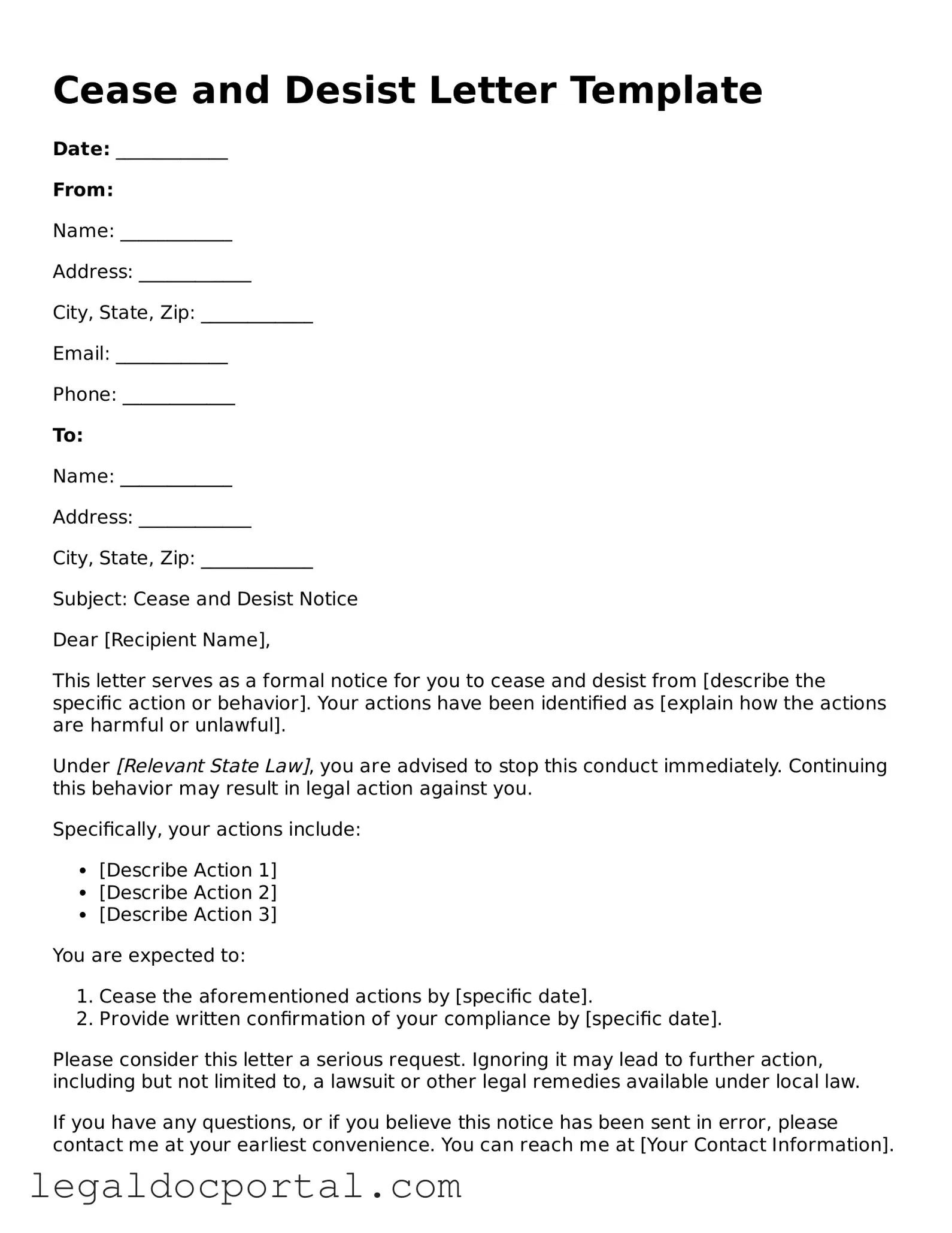 Official Cease and Desist Letter Document