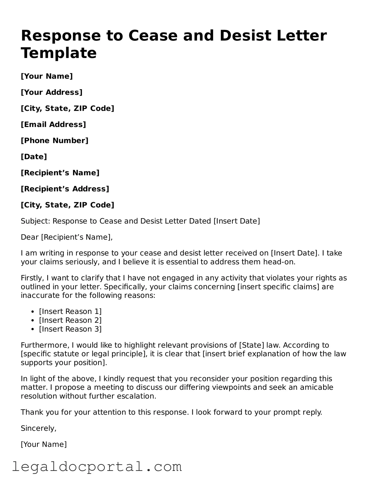 Official Response to a Cease and Desist Letter Document