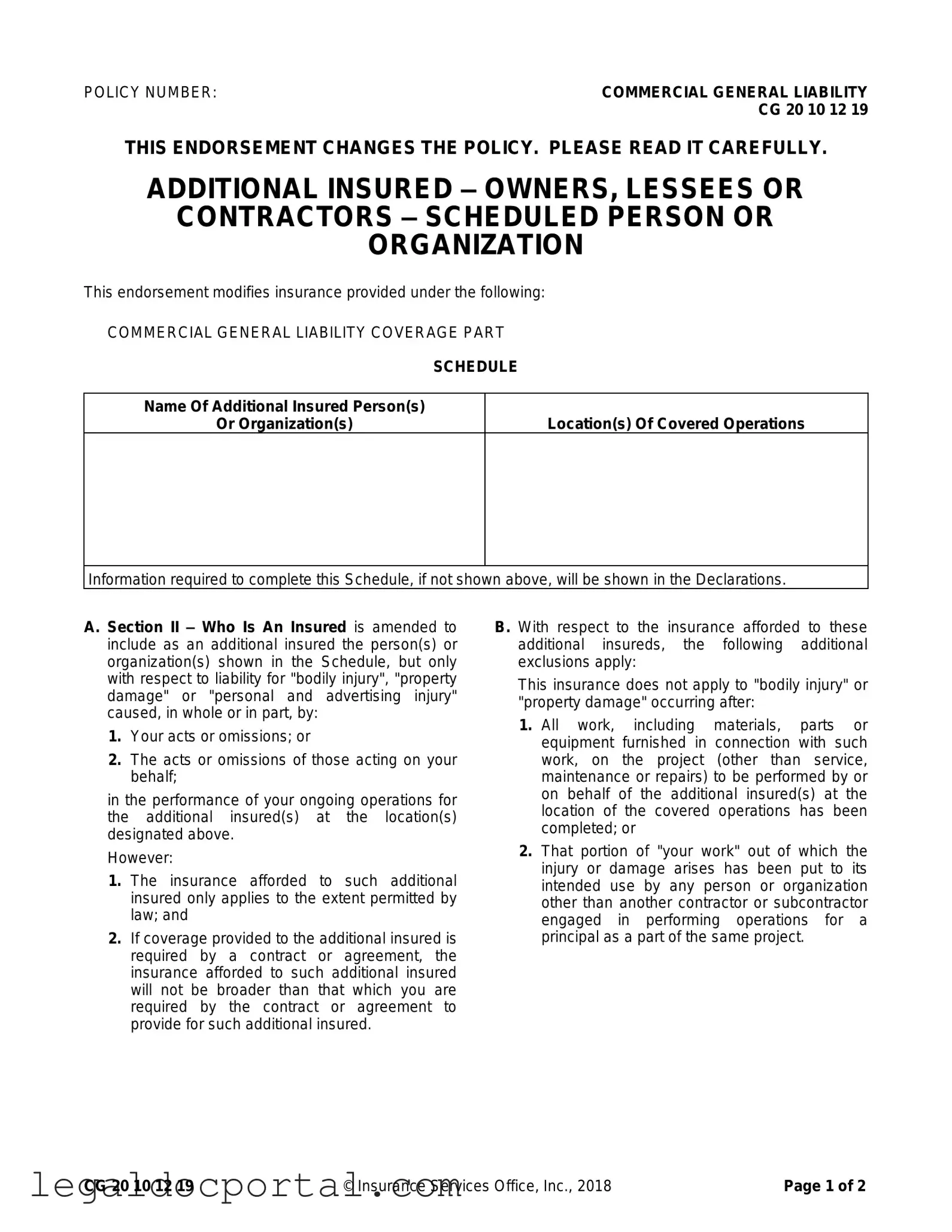 Printable Cg 20 10 07 04 Liability Endorsement Form