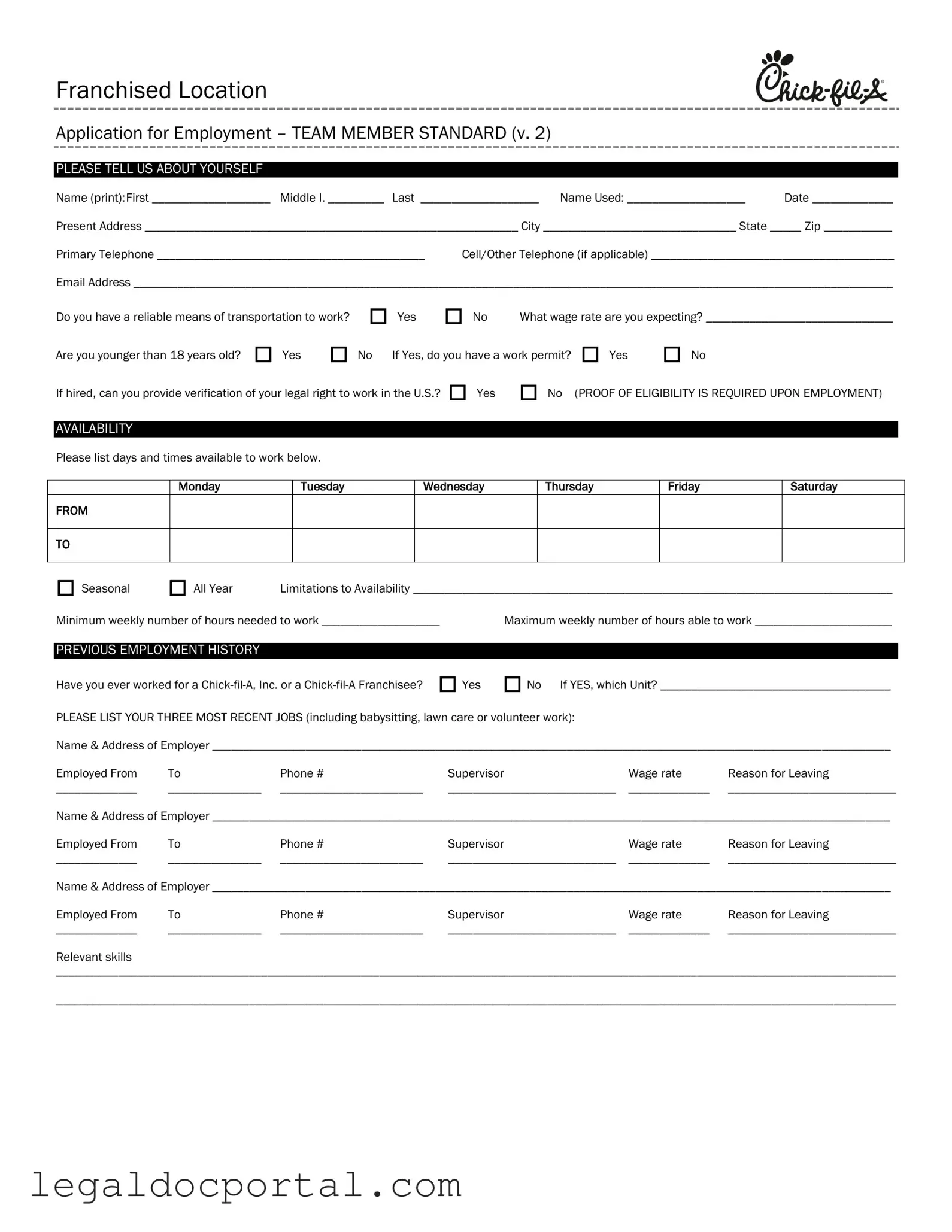 Printable Chick Fil A Job Application Form