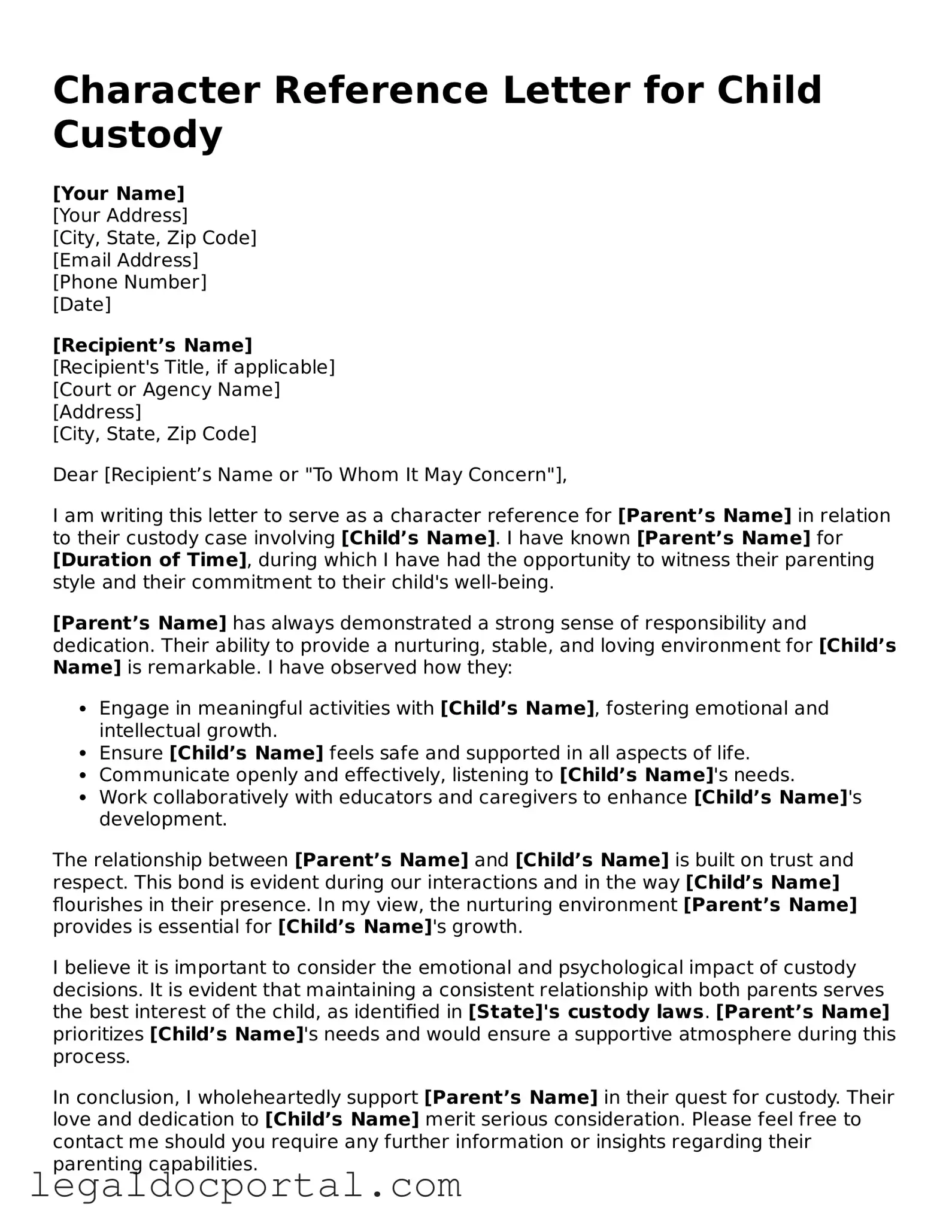 Official Character Reference Letter for Child Custody Document